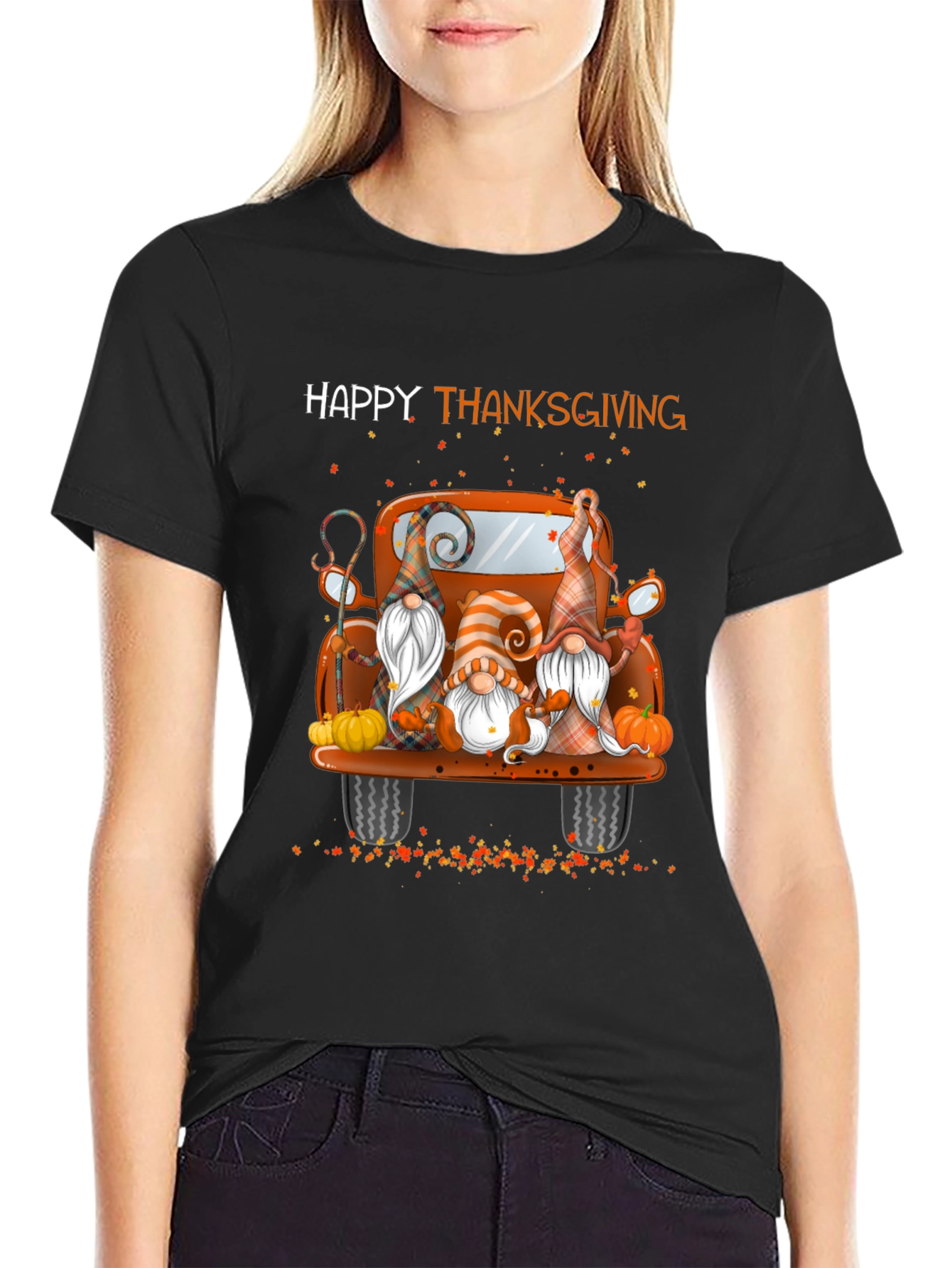 Black Happy Thanksgiving Gnomes Truck T-Shirt view 2