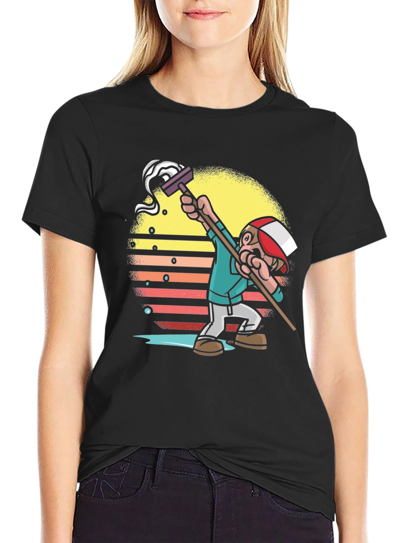 Black Retro Style Mop Cartoon Graphic T-Shirt view 2