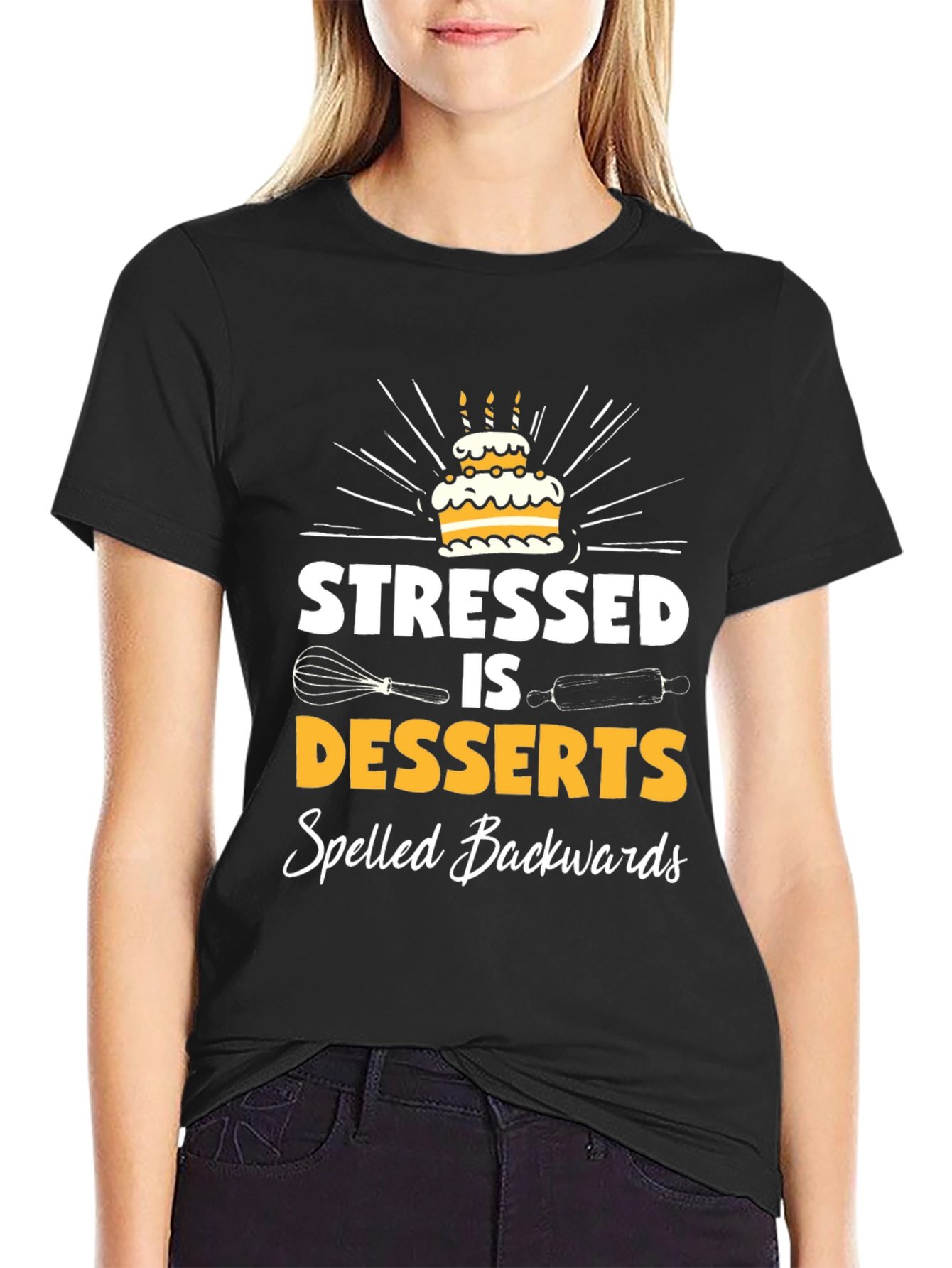 Black Stressed is Desserts Backwards Graphic Tee - Baker Humor Shirt view 2