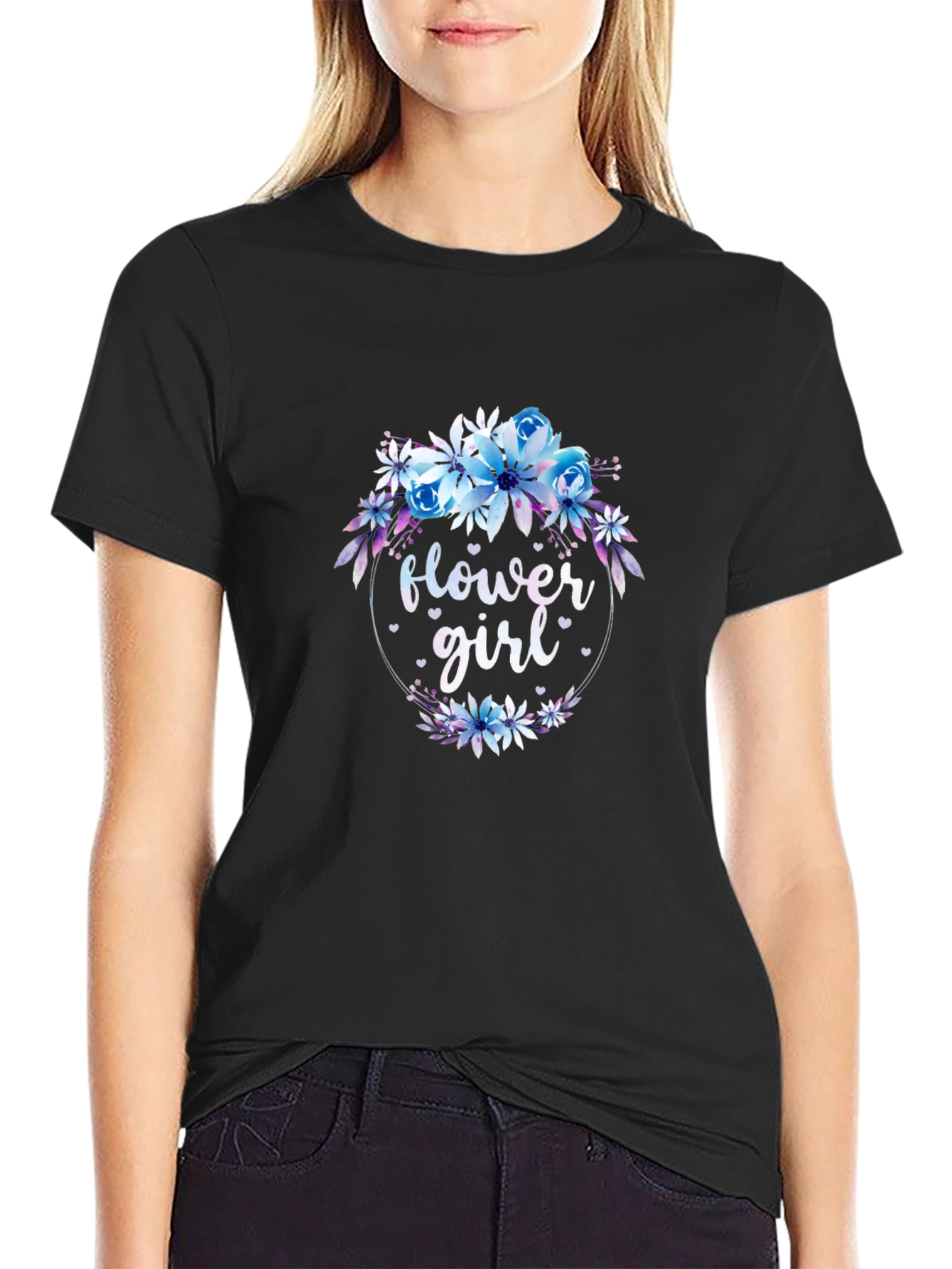 Black Flower Girl Floral Wreath Black T-Shirt view 2