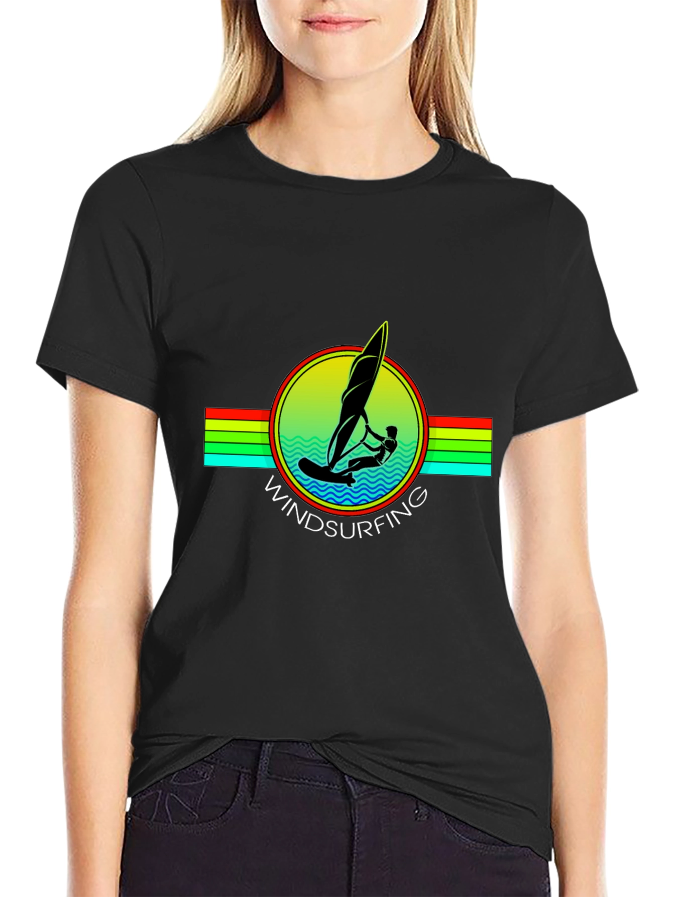 Black Windsurfing Graphic Tee - Black Cotton T-Shirt view 2