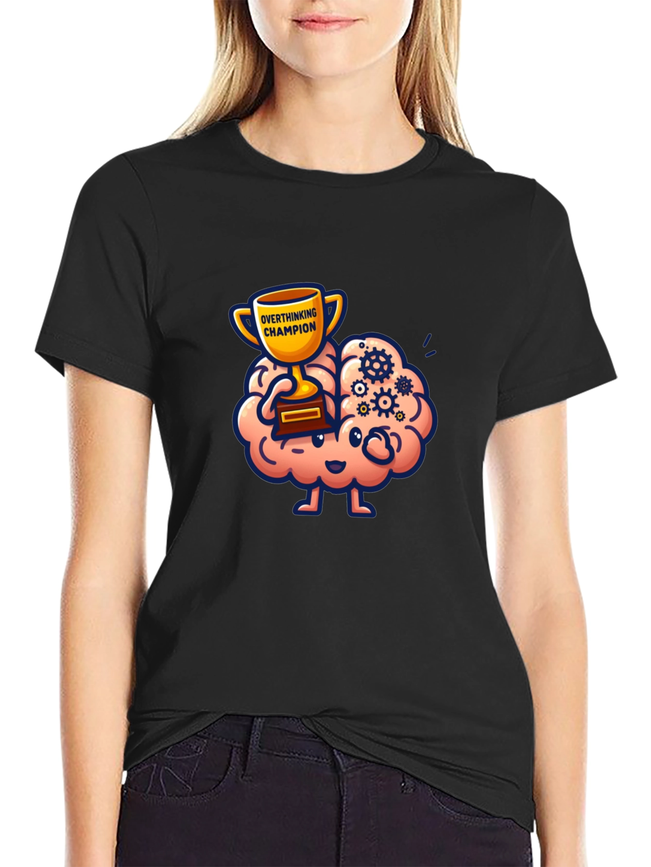 Black Overthinking Champion Graphic T-Shirt - Novelty Design view 2
