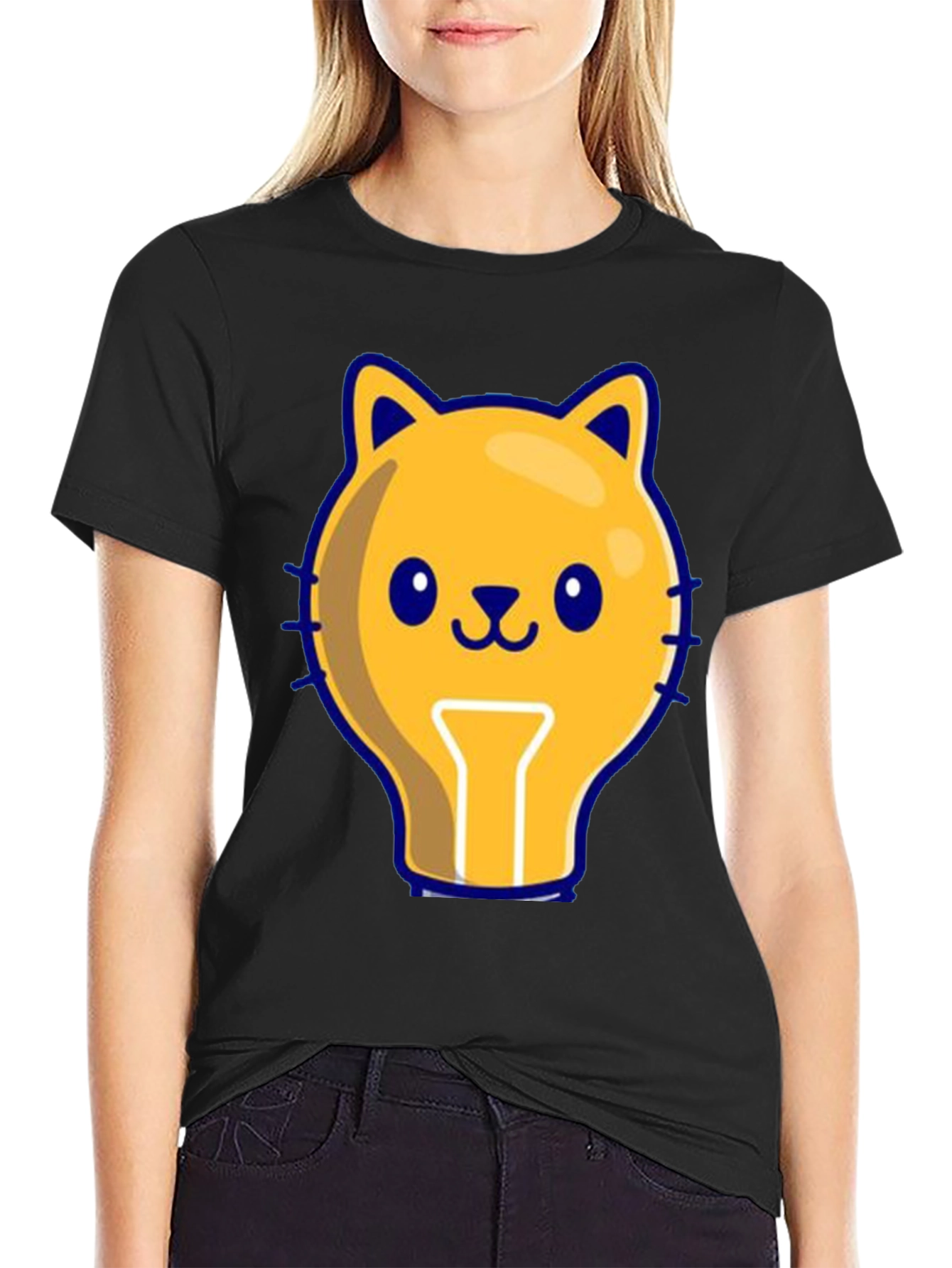 Black Cute Cat Light Bulb Graphic Tee - Black view 2