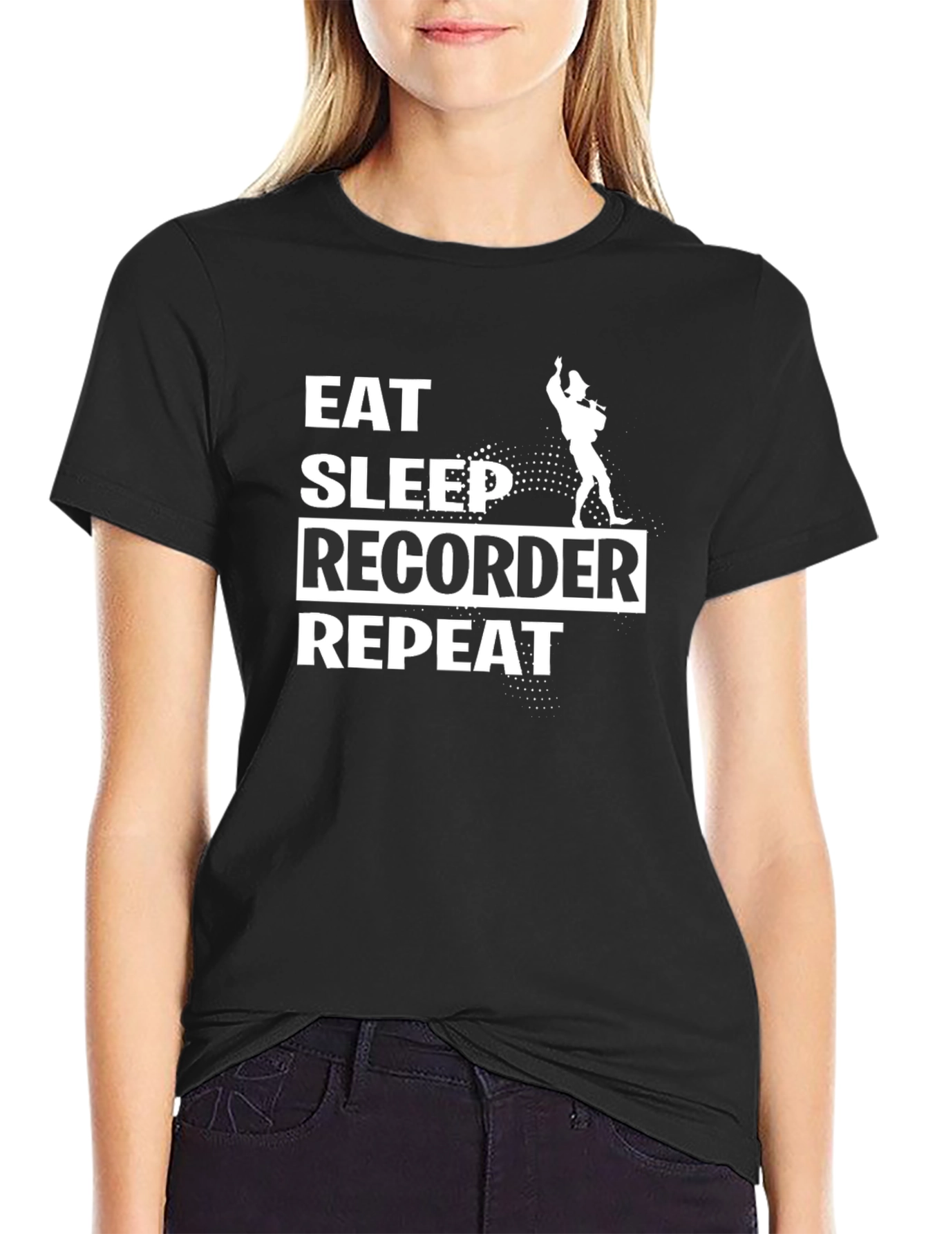 Black Eat Sleep Recorder Repeat Black T-Shirt view 2