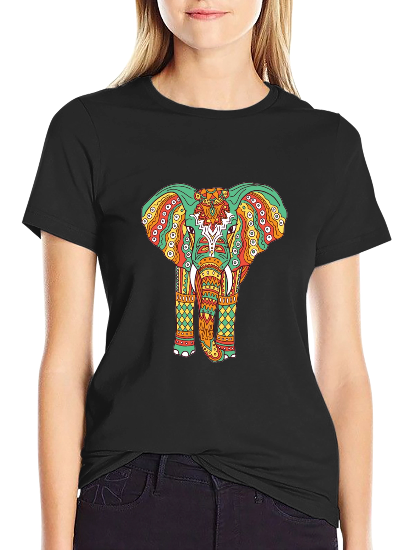 Black Elephant Graphic Tee - Bohemian Style Black T-Shirt view 2