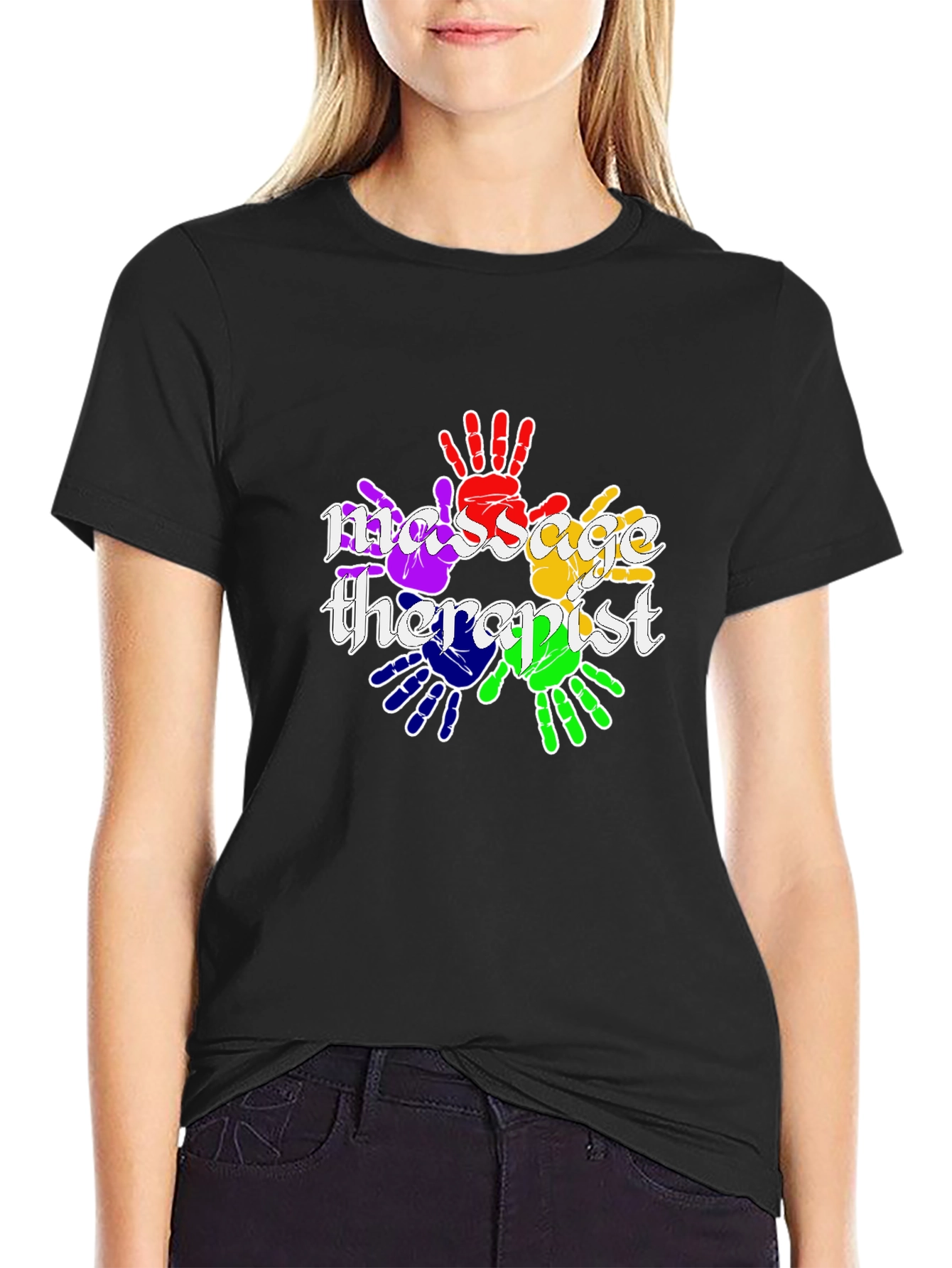 Black Massage Therapist Rainbow Handprint T-Shirt view 2