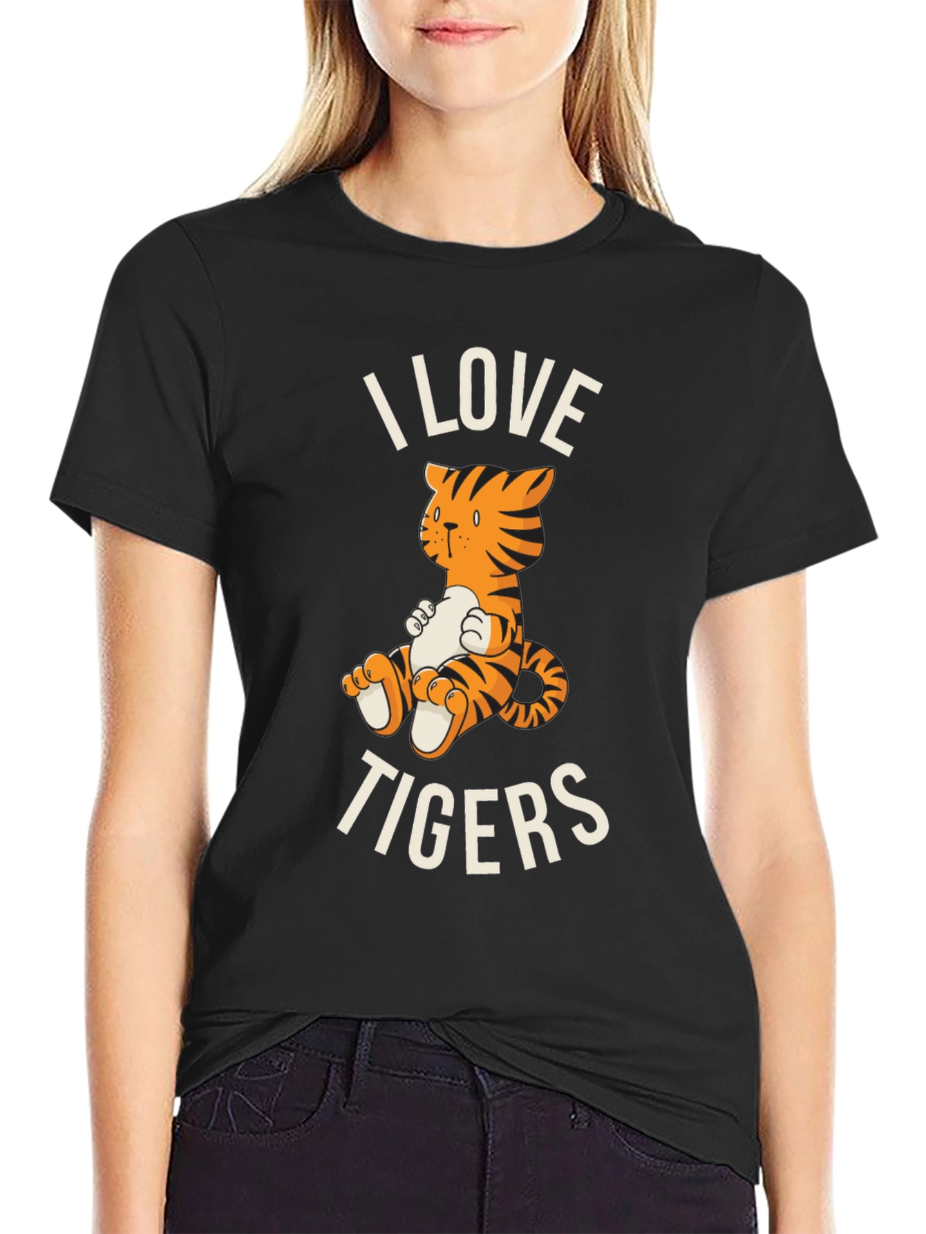 Black I Love Tigers Graphic Tee - Cute Cartoon Tiger T-Shirt view 2
