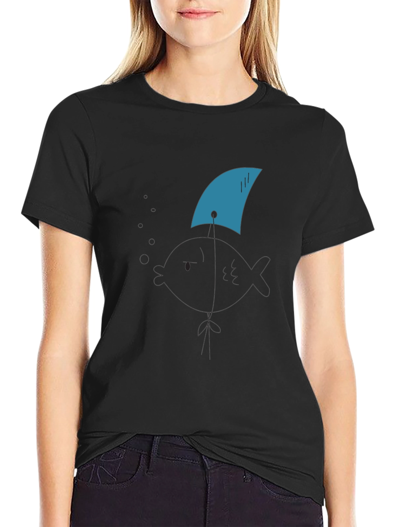 Black Shark Fin Tee - Black Cotton Graphic T-Shirt view 2