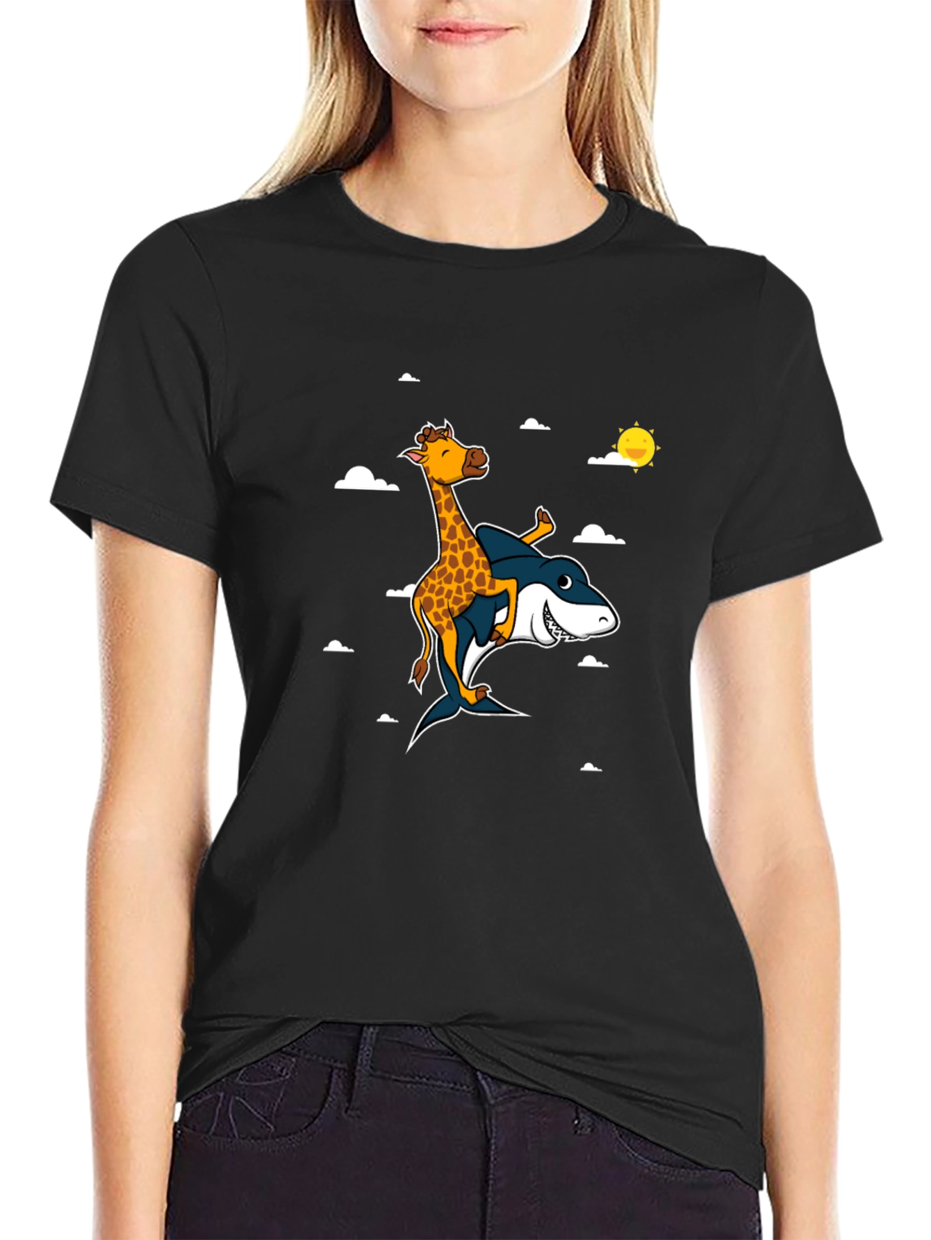 Black Giraffe Riding Shark T-Shirt: Funny Graphic Tee view 2