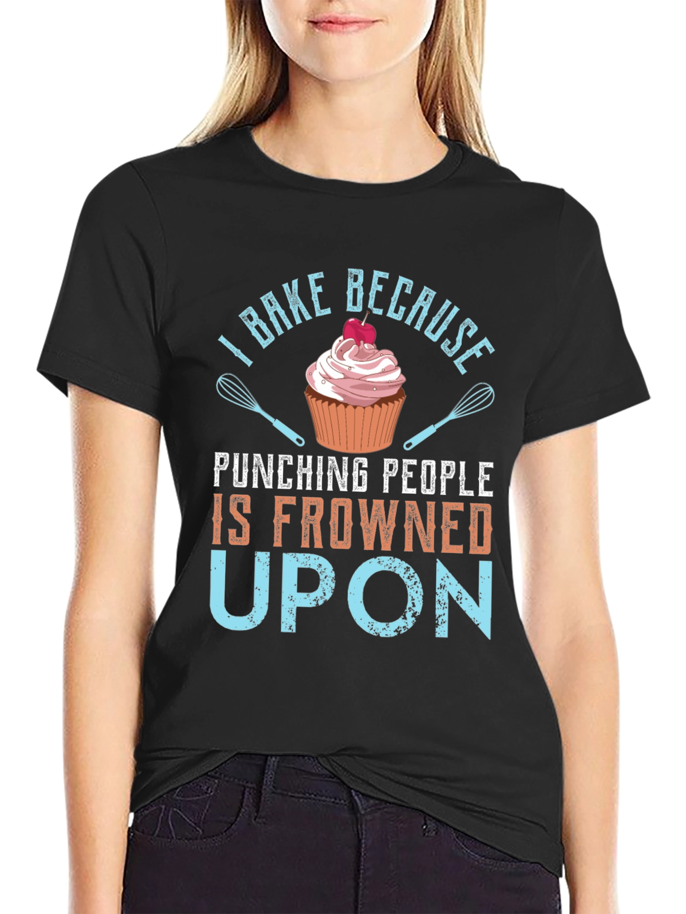 Black I Bake Because Punching People is Frowned Upon - Graphic T-Shirt view 2