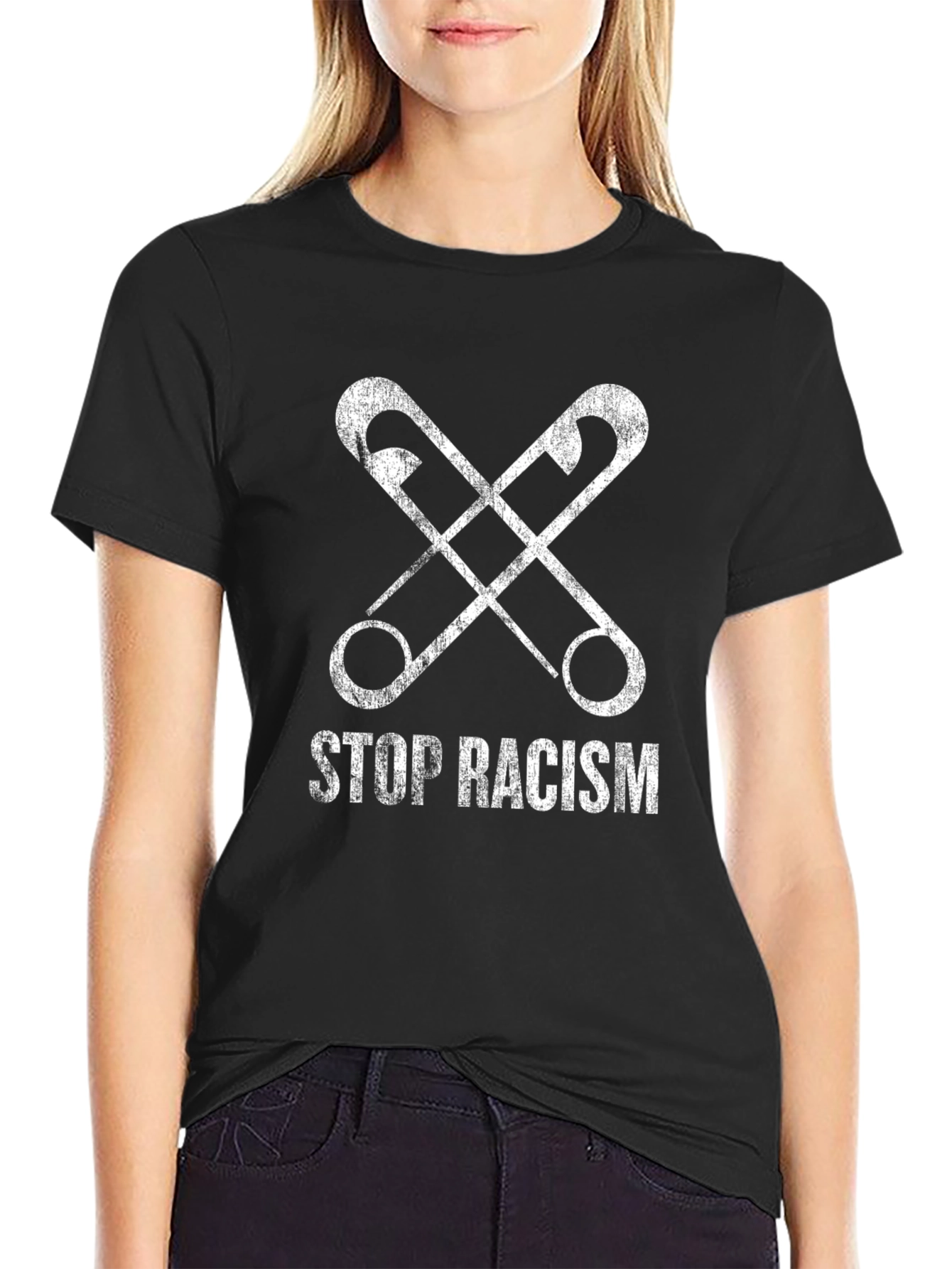Black Stop Racism Safety Pin Graphic T-Shirt view 2