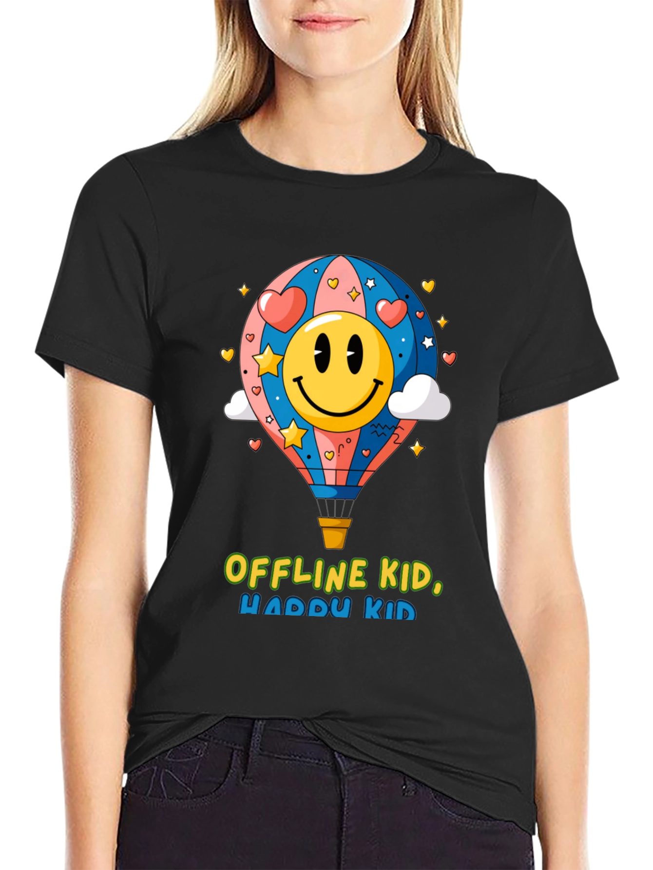 Black Offline Kid, Happy Kid Black Graphic Tee view 2