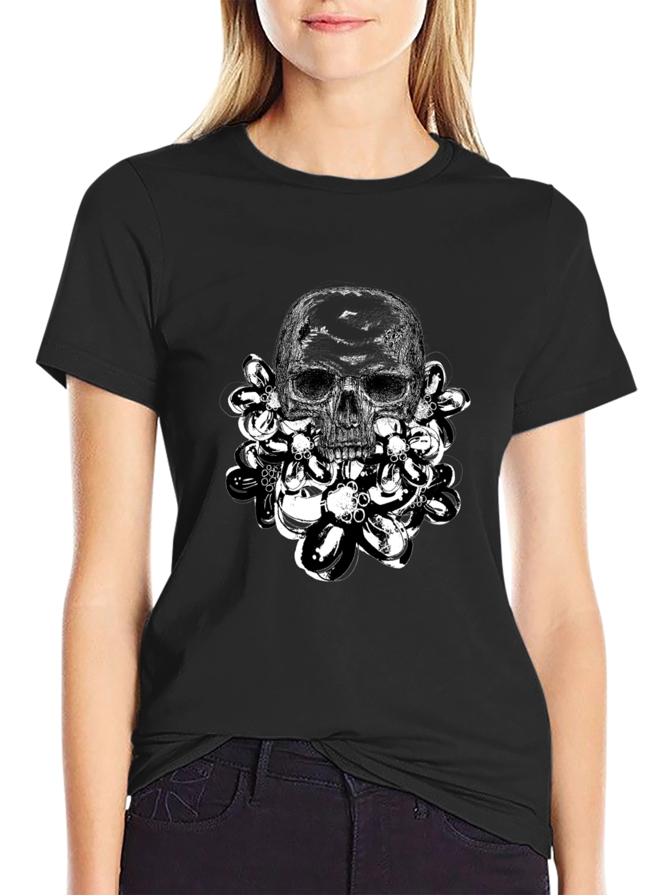 Black Skull & Flowers Graphic Tee - Edgy Black Cotton T-Shirt view 2