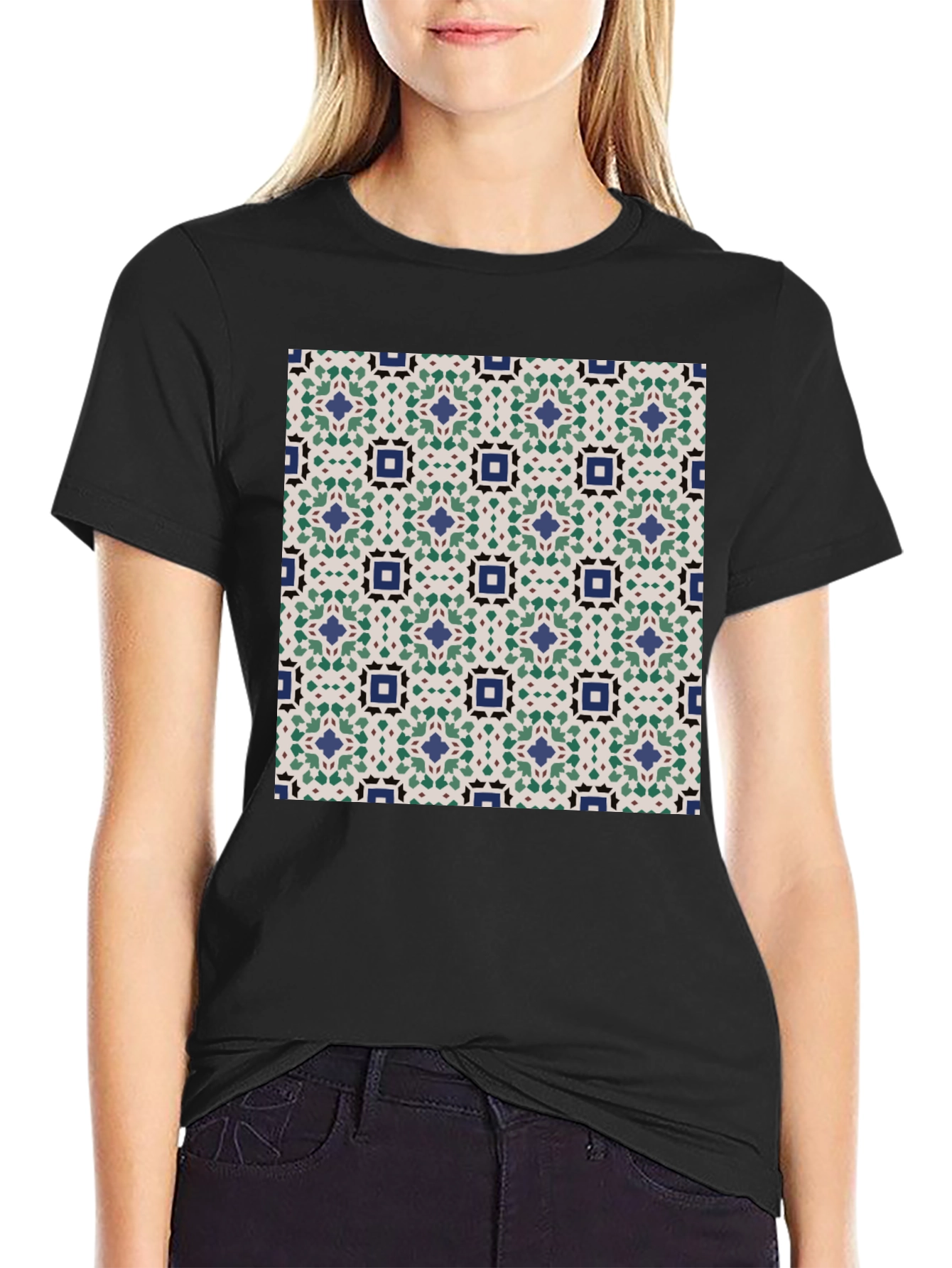 Black Patterned T-Shirt: Geometric Design view 2
