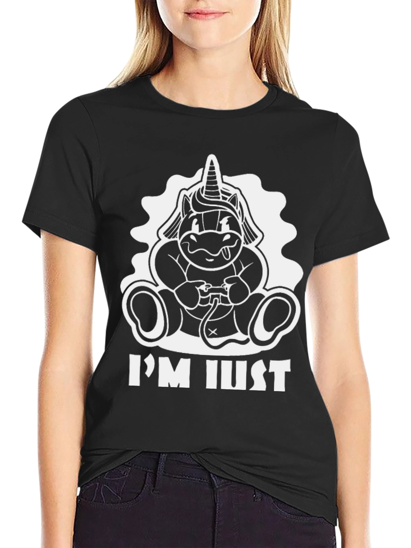 Black Unicorn Gamer Black T-Shirt - "I'm Just" view 2