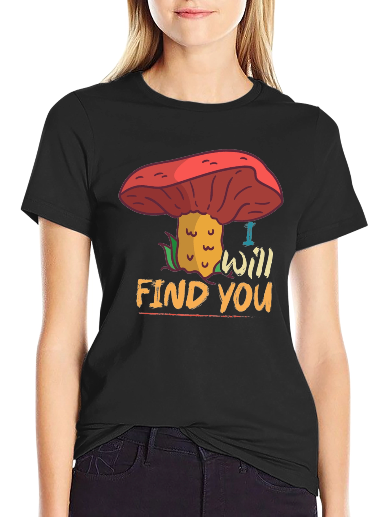 Black Mushroom Hunter T-Shirt - "I Will Find You" Fun Graphic Tee view 2