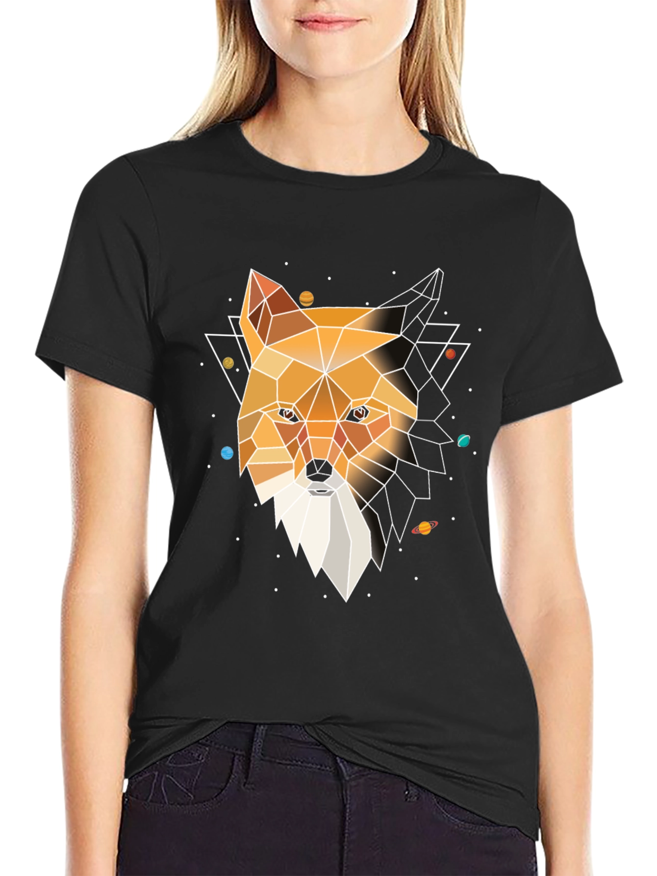 Black Geometric Fox Head Graphic Tee - Modern Black T-Shirt view 2