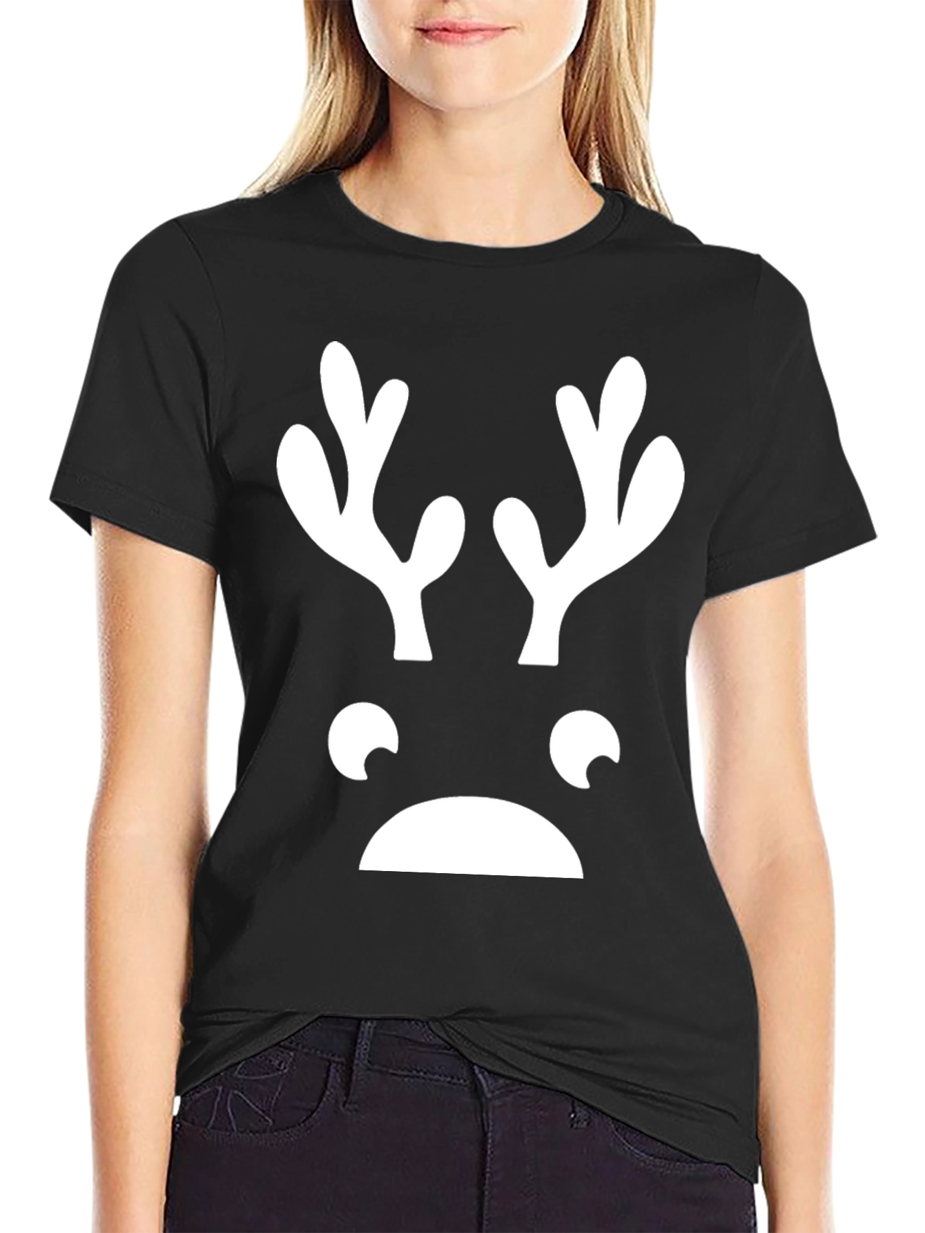Black Funny Reindeer Face Graphic Tee - Black T-Shirt view 2