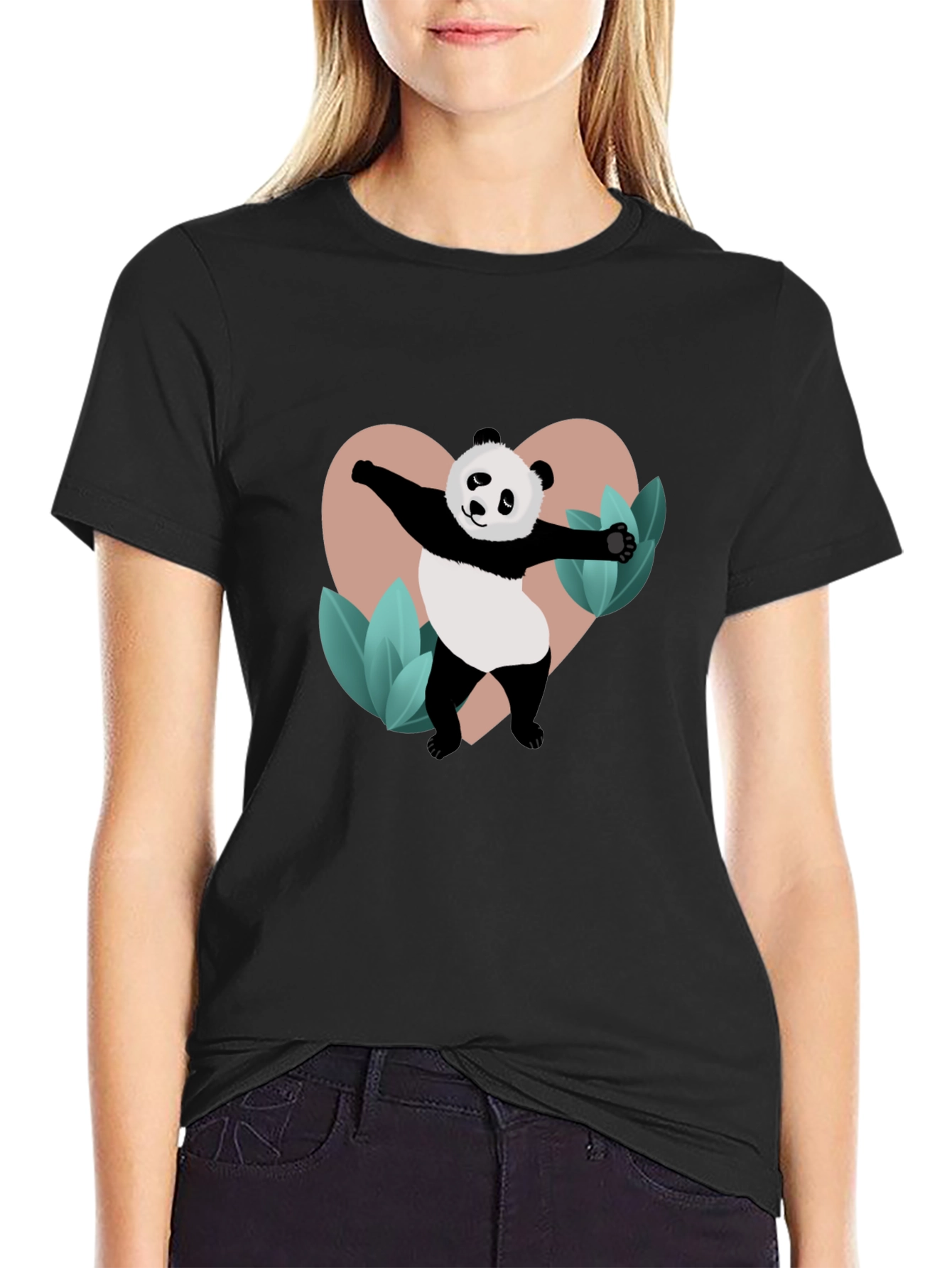 Black Panda Heart Graphic Black T-Shirt view 2
