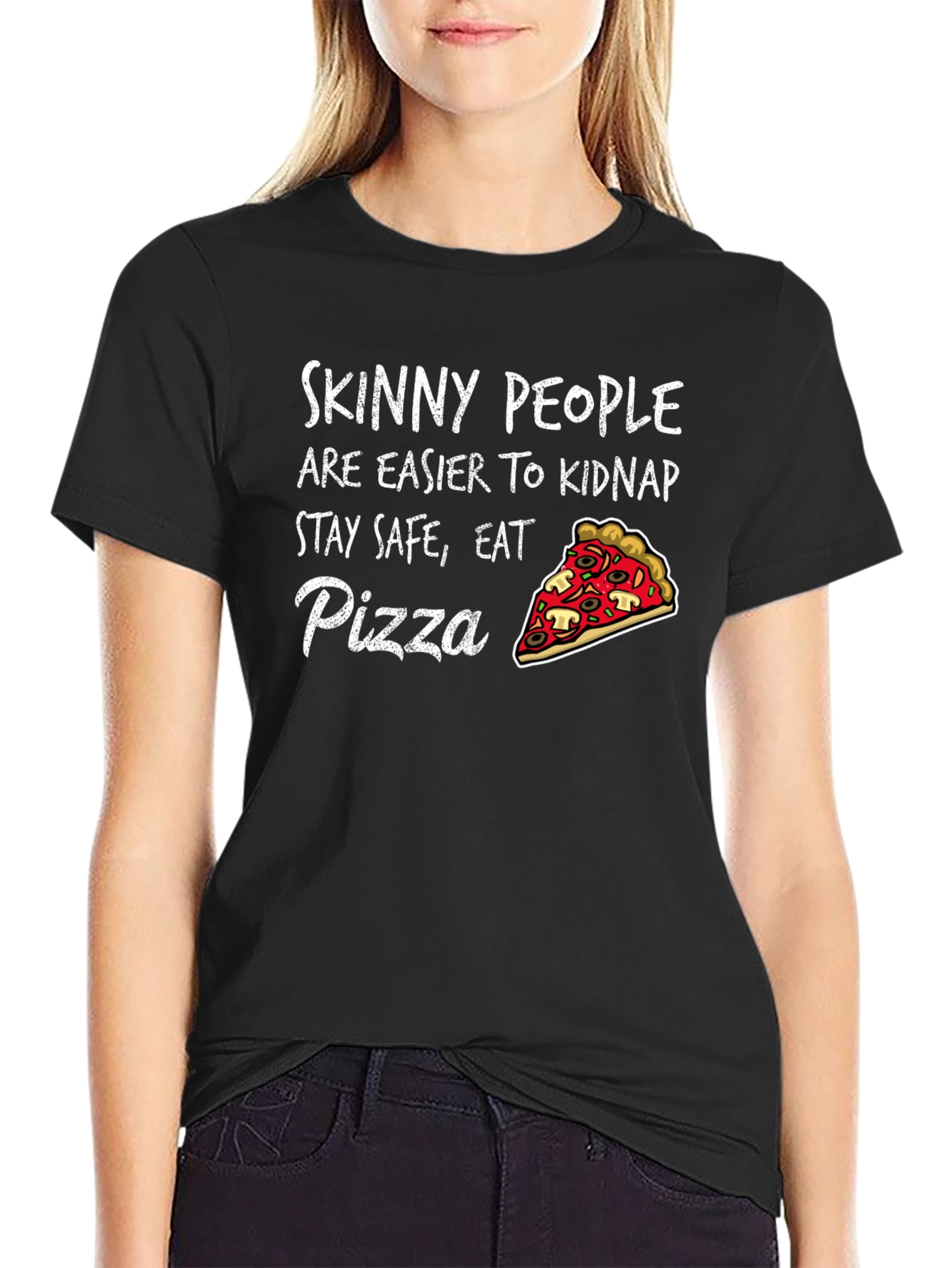 Black Skinny People Pizza Graphic Tee - Eat Pizza Stay Safe T-Shirt view 2