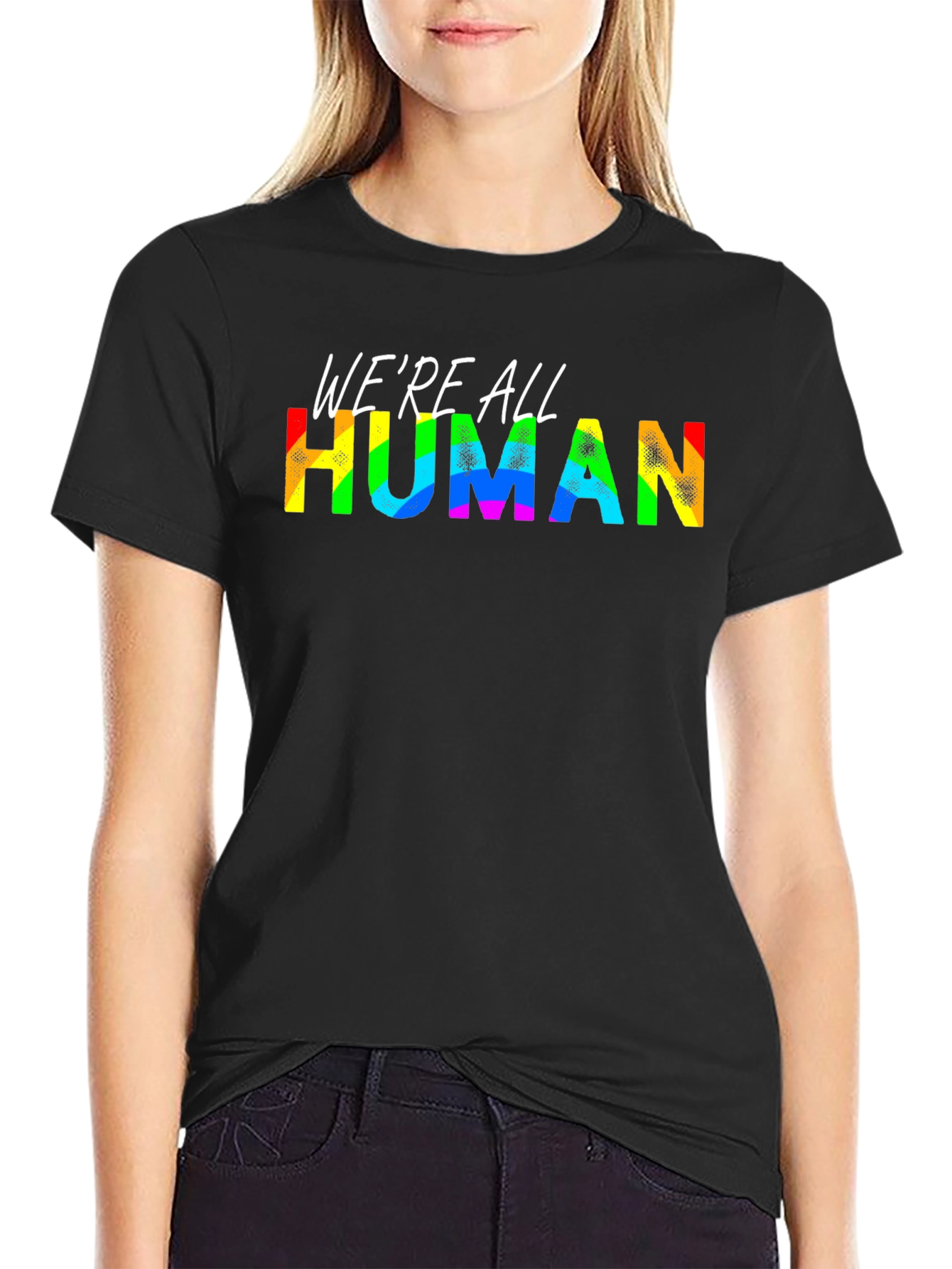 Black We're All Human Pride T-Shirt - Rainbow Text view 2