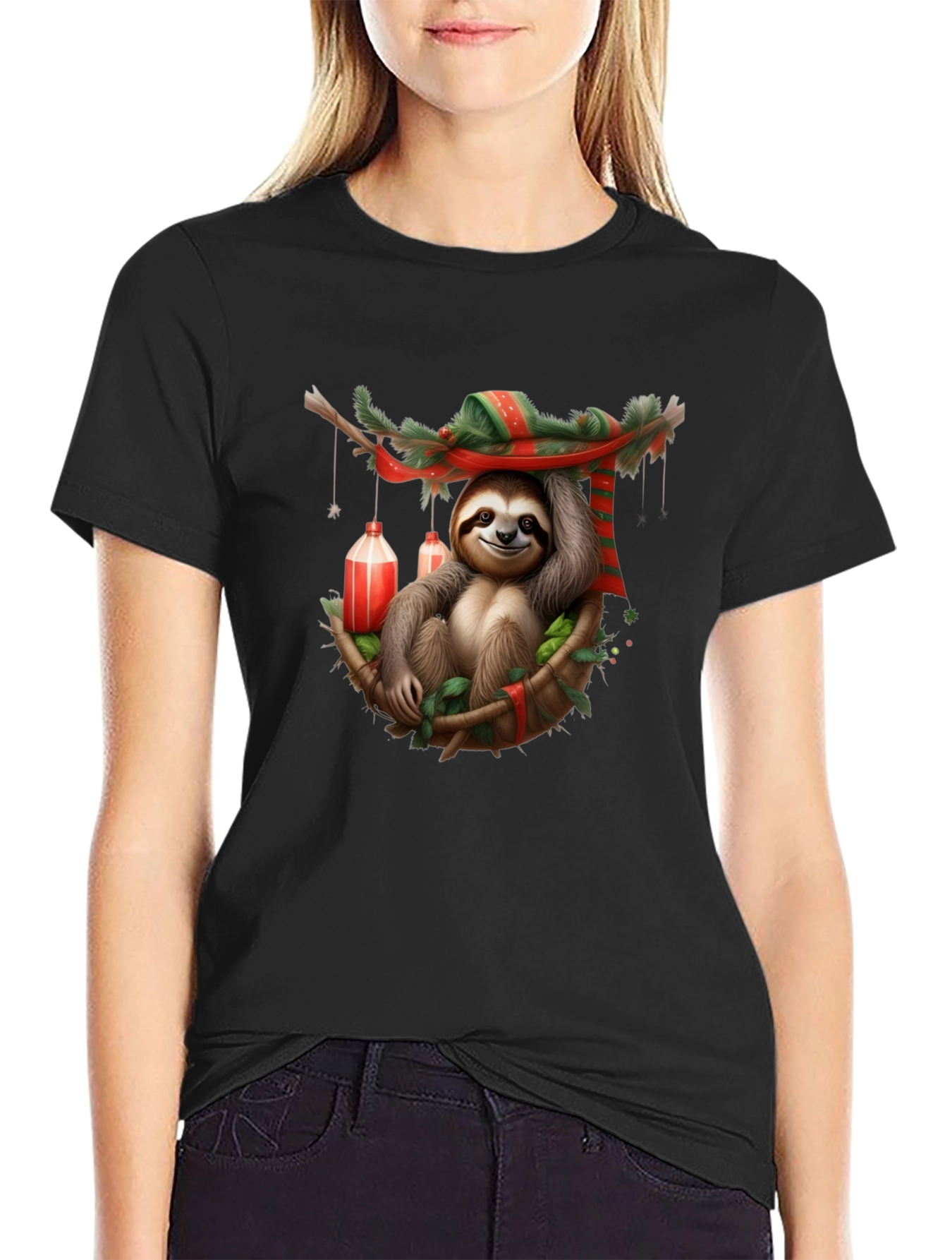 Black Festive Sloth T-Shirt - Holiday Style view 2