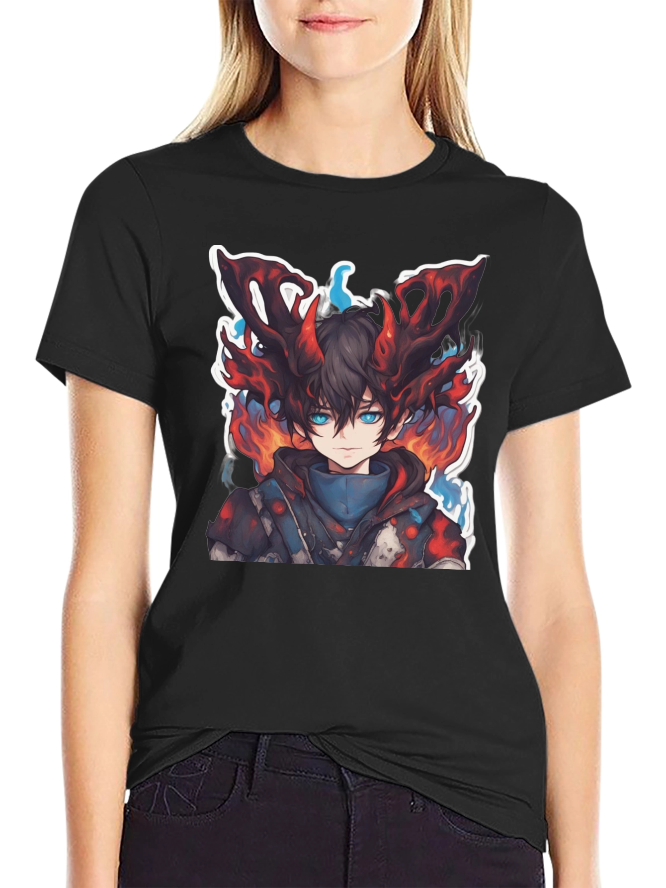 Black Anime Boy Graphic Tee - Fire Aura Design view 2