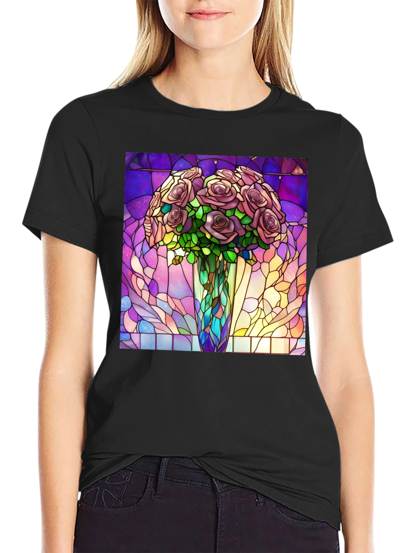 Black Stained Glass Roses Graphic T-Shirt view 2