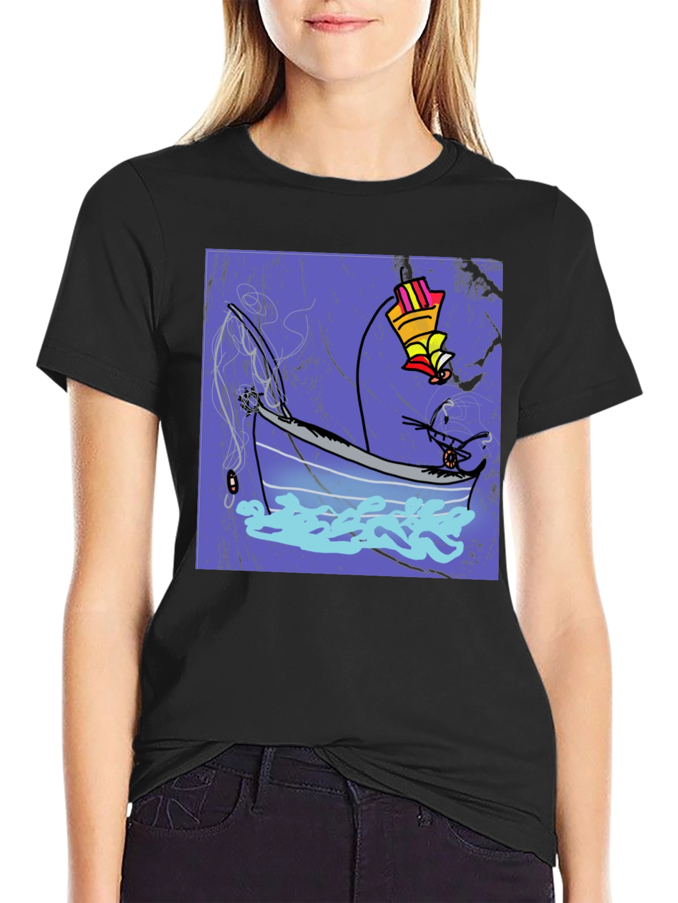 Black Fishing Boat Graphic Tee - Cool Artistic Design view 2