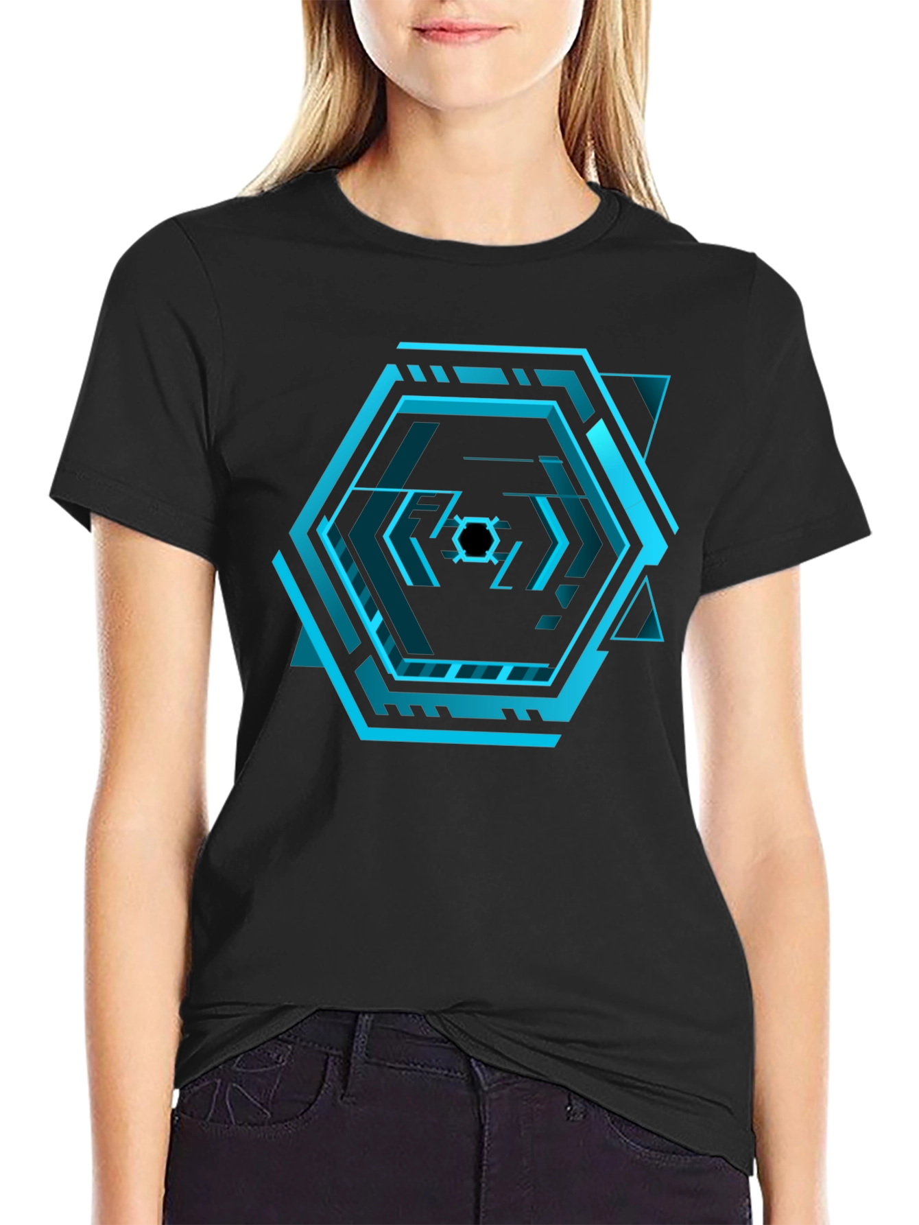 Black Cyberpunk Hexagon Black T-Shirt - Futuristic Design view 2