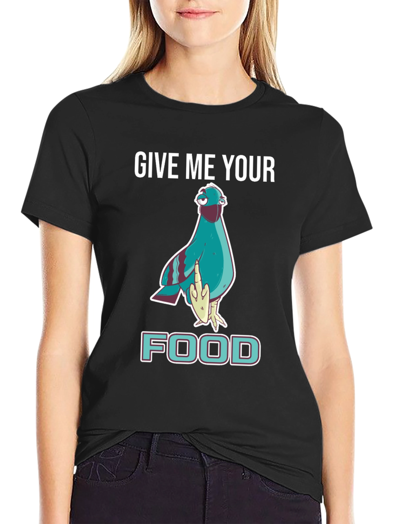 Black Give Me Your Food Pigeon T-Shirt view 2