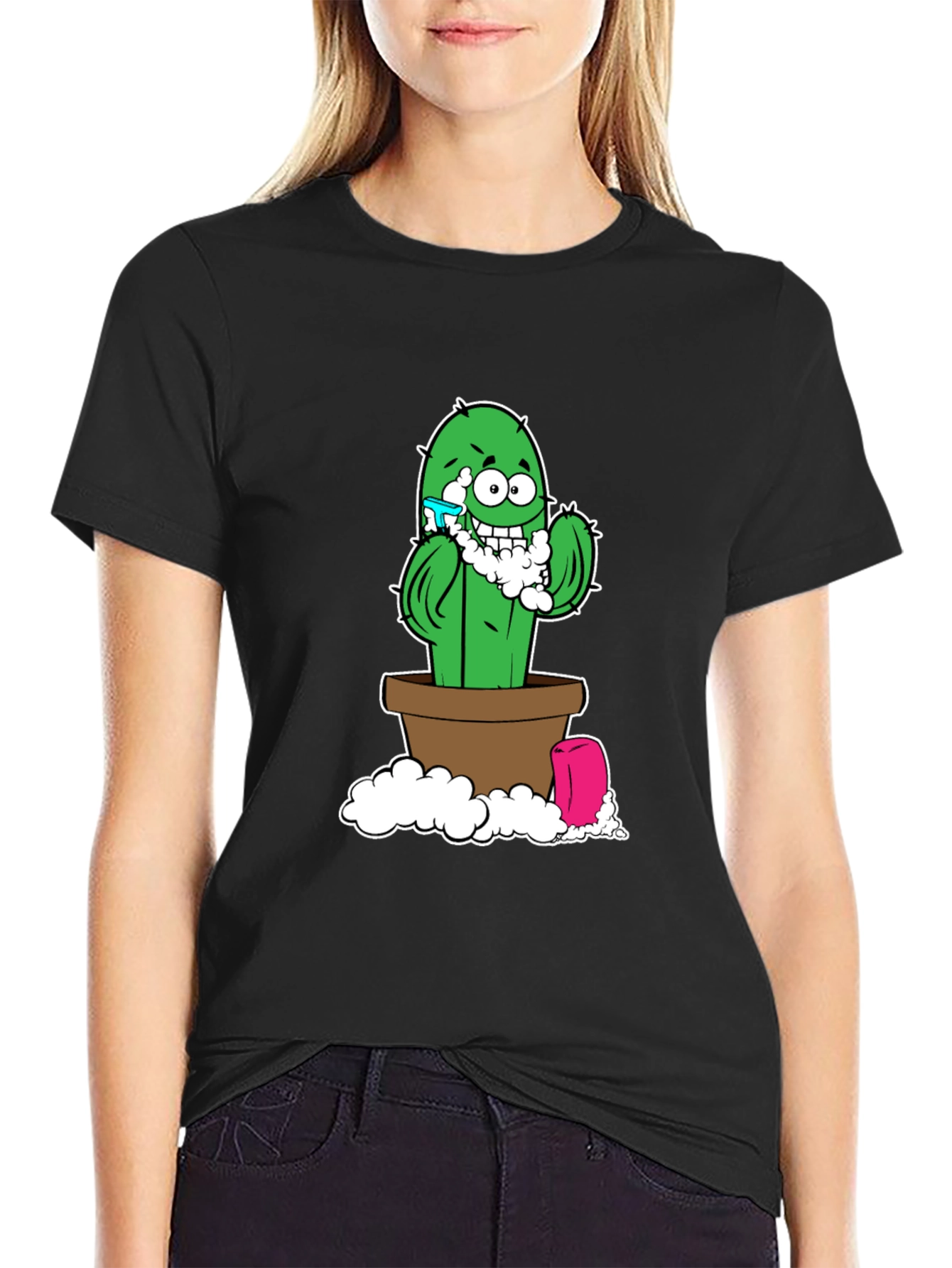 Black Funny Shaving Cactus Black T-Shirt view 2