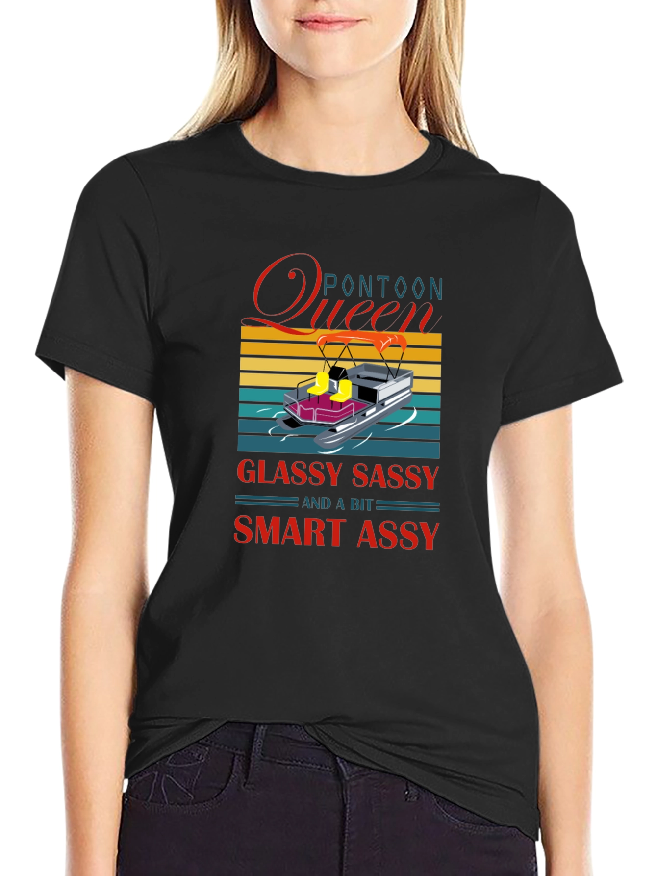 Black Pontoon Queen Graphic T-Shirt - Glassy Sassy & a Bit Smart Assy view 2