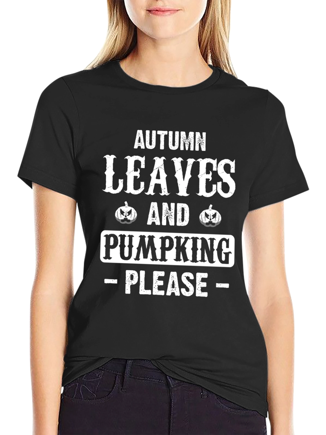Black Autumn Leaves and Pumpkin Please T-Shirt view 2