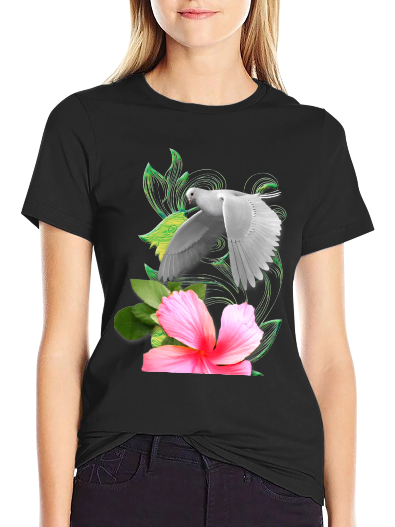 Black Dove & Hibiscus Graphic T-Shirt view 2