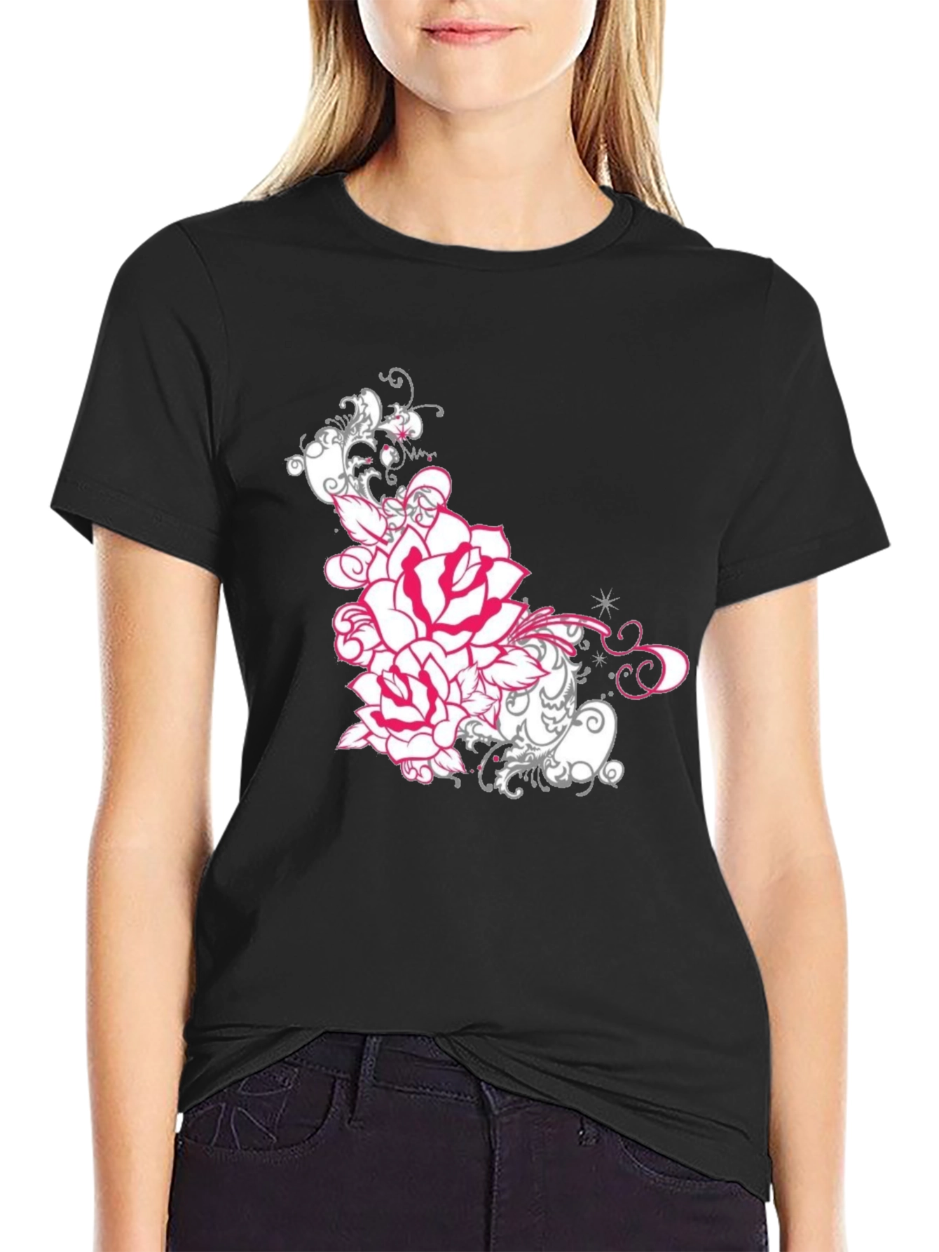 Black Floral Rose Graphic Tee - Black Cotton T-Shirt view 2