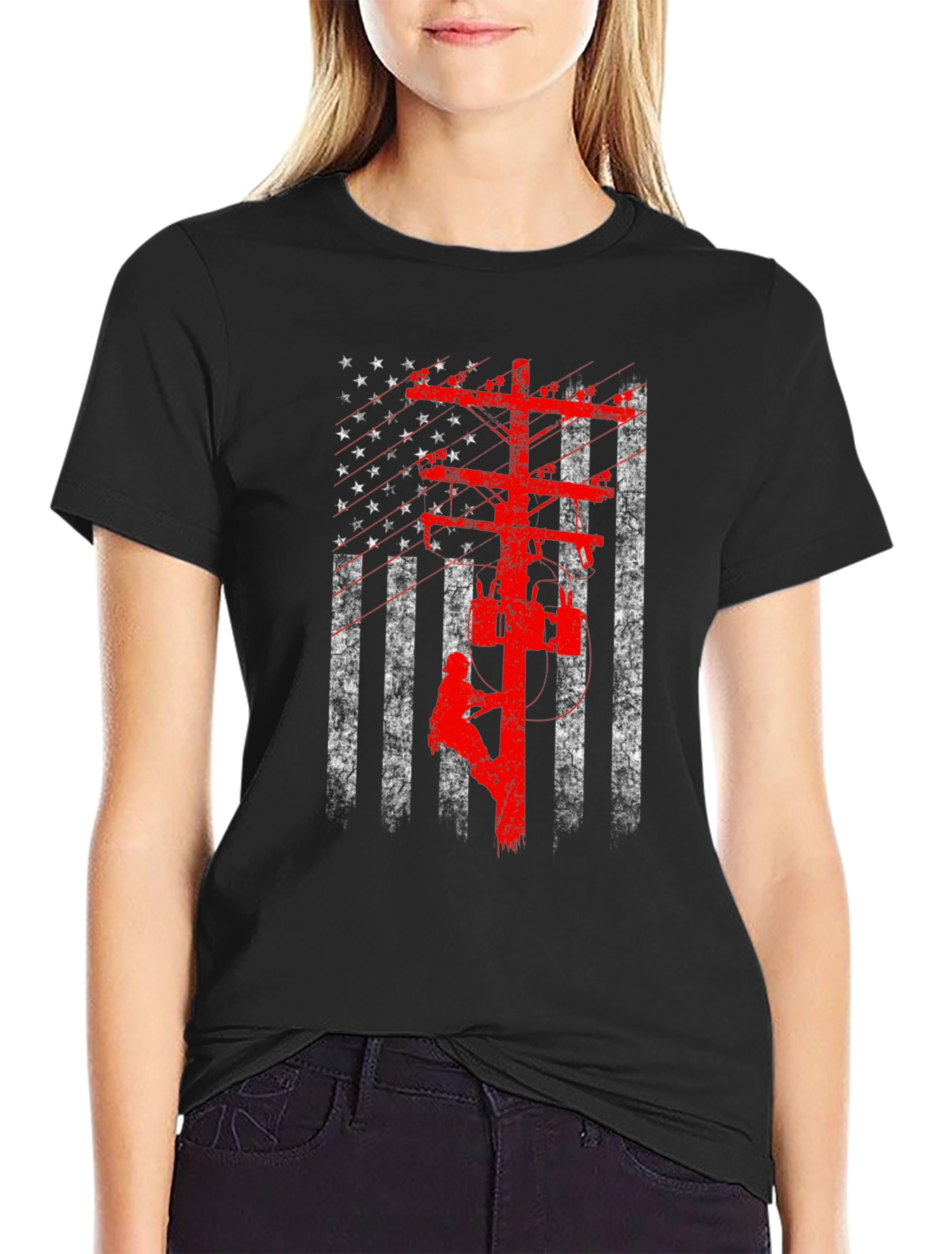 Black American Lineman Flag Graphic T-Shirt view 2