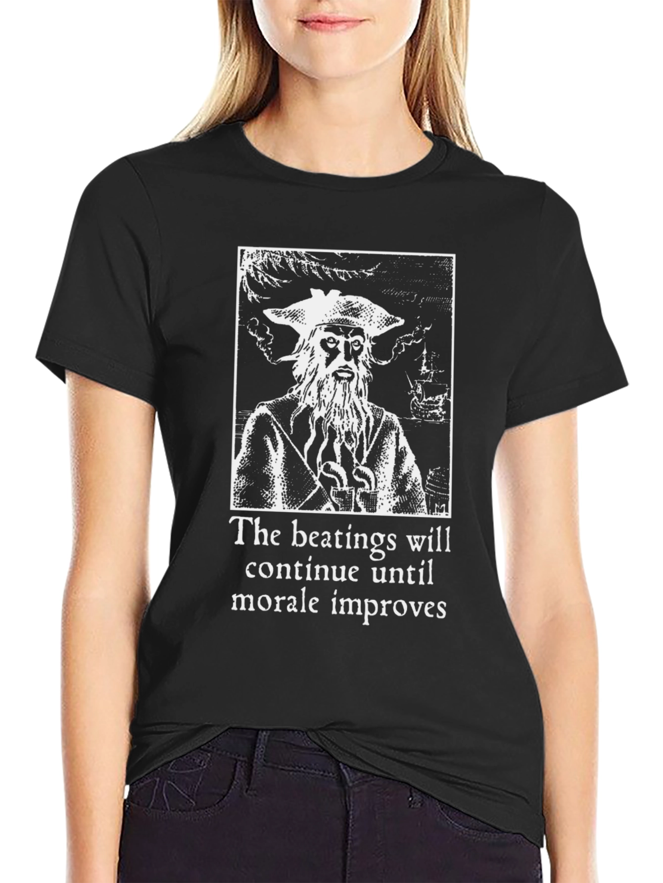 Black Humorous Pirate T-Shirt: 'The Beatings Will Continue' view 2
