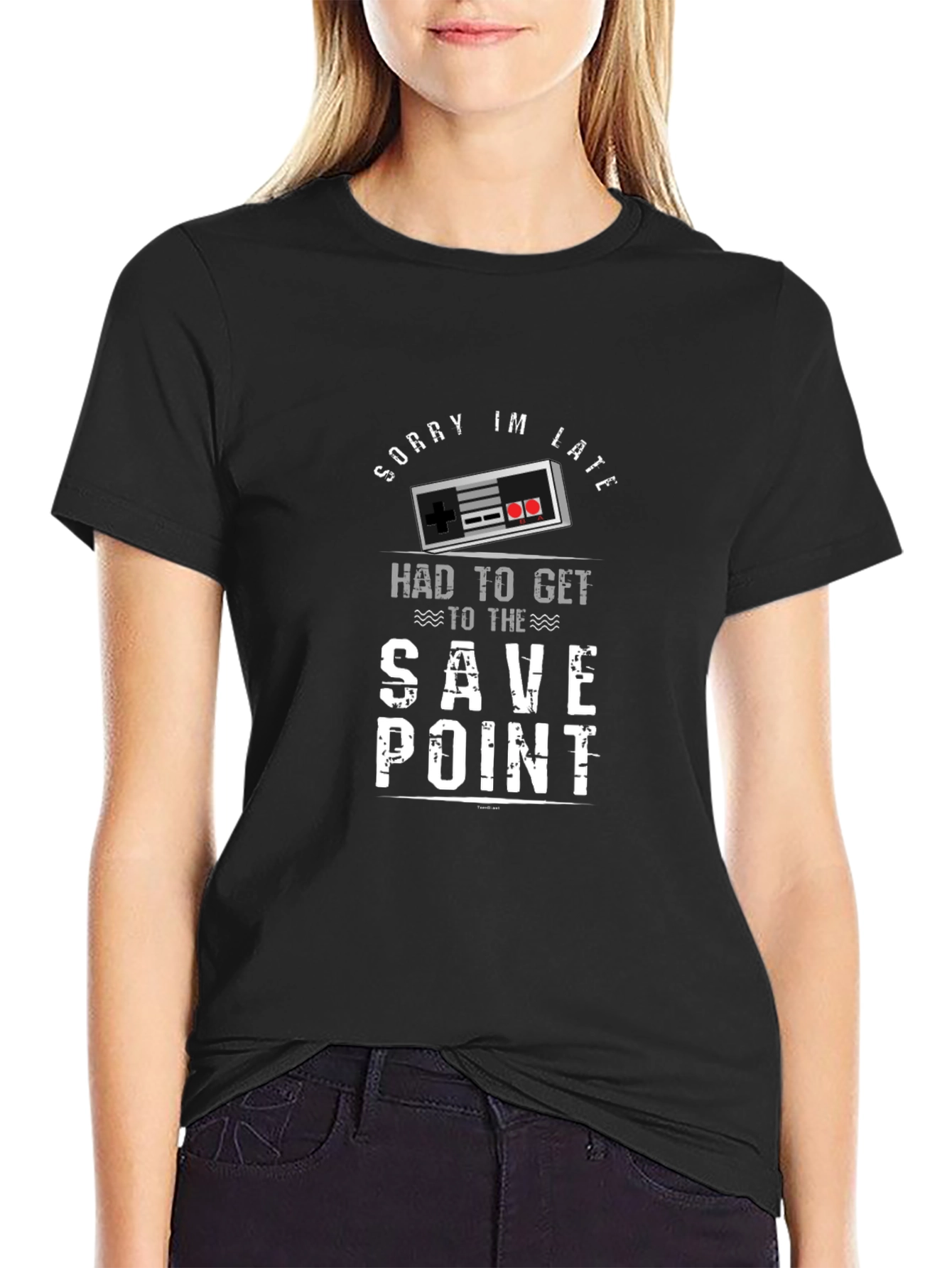 Black Gamer T-Shirt: Sorry I'm Late Save Point view 2