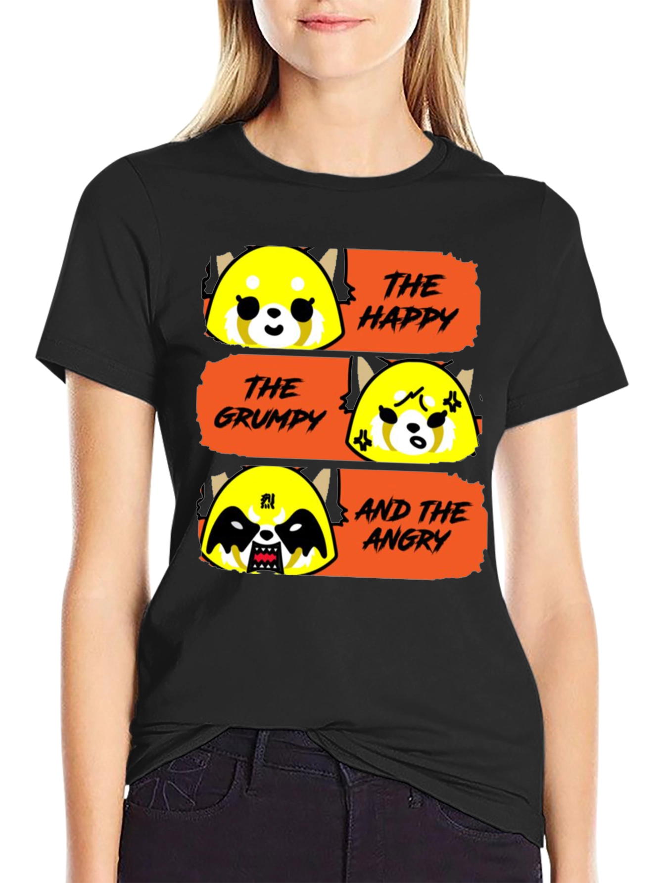 Black Aggretsuko Moods T-Shirt - Happy, Grumpy, Angry Red Panda view 2