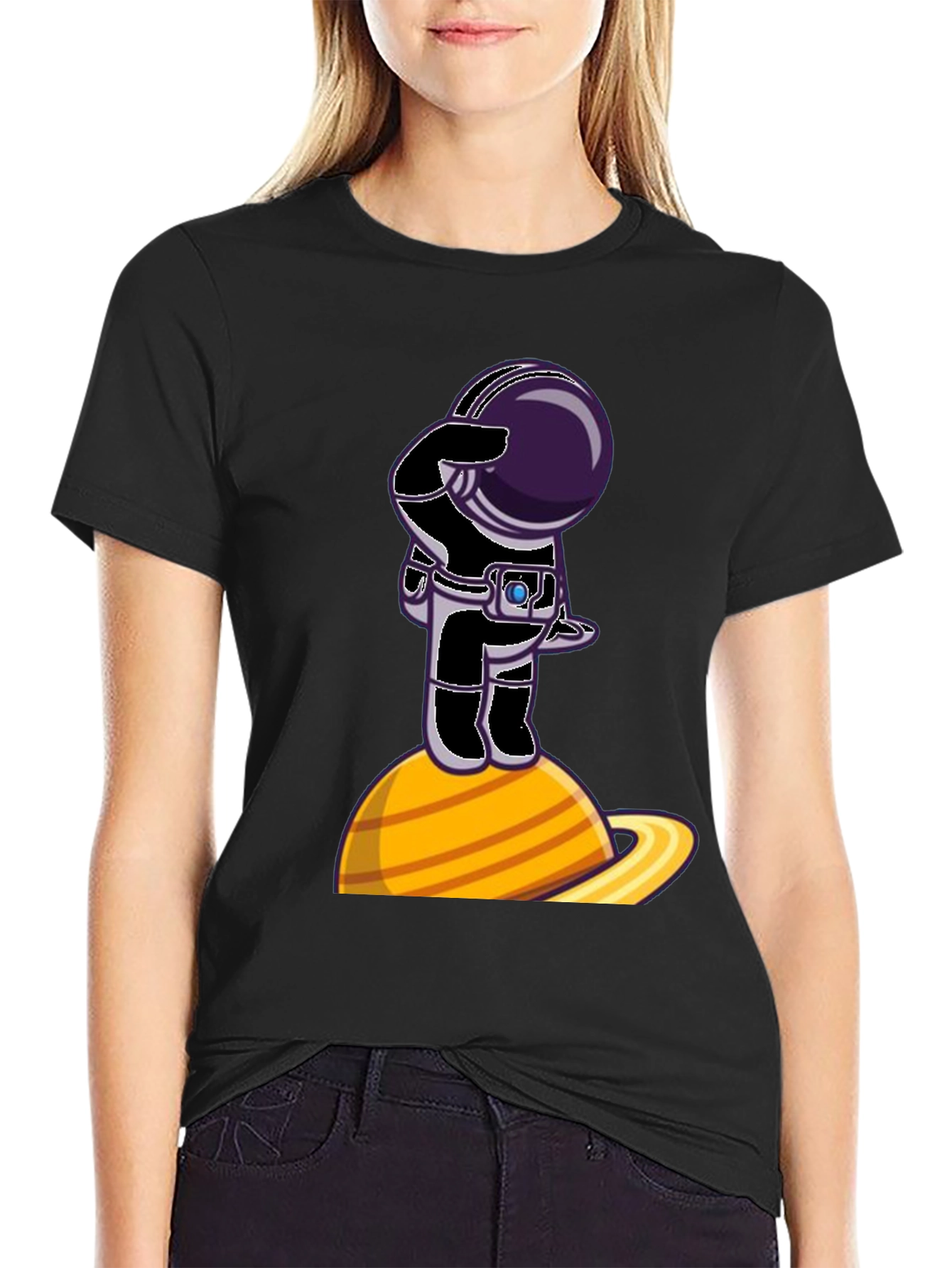 Black Astronaut on Saturn Graphic T-Shirt - Space Explorer view 2