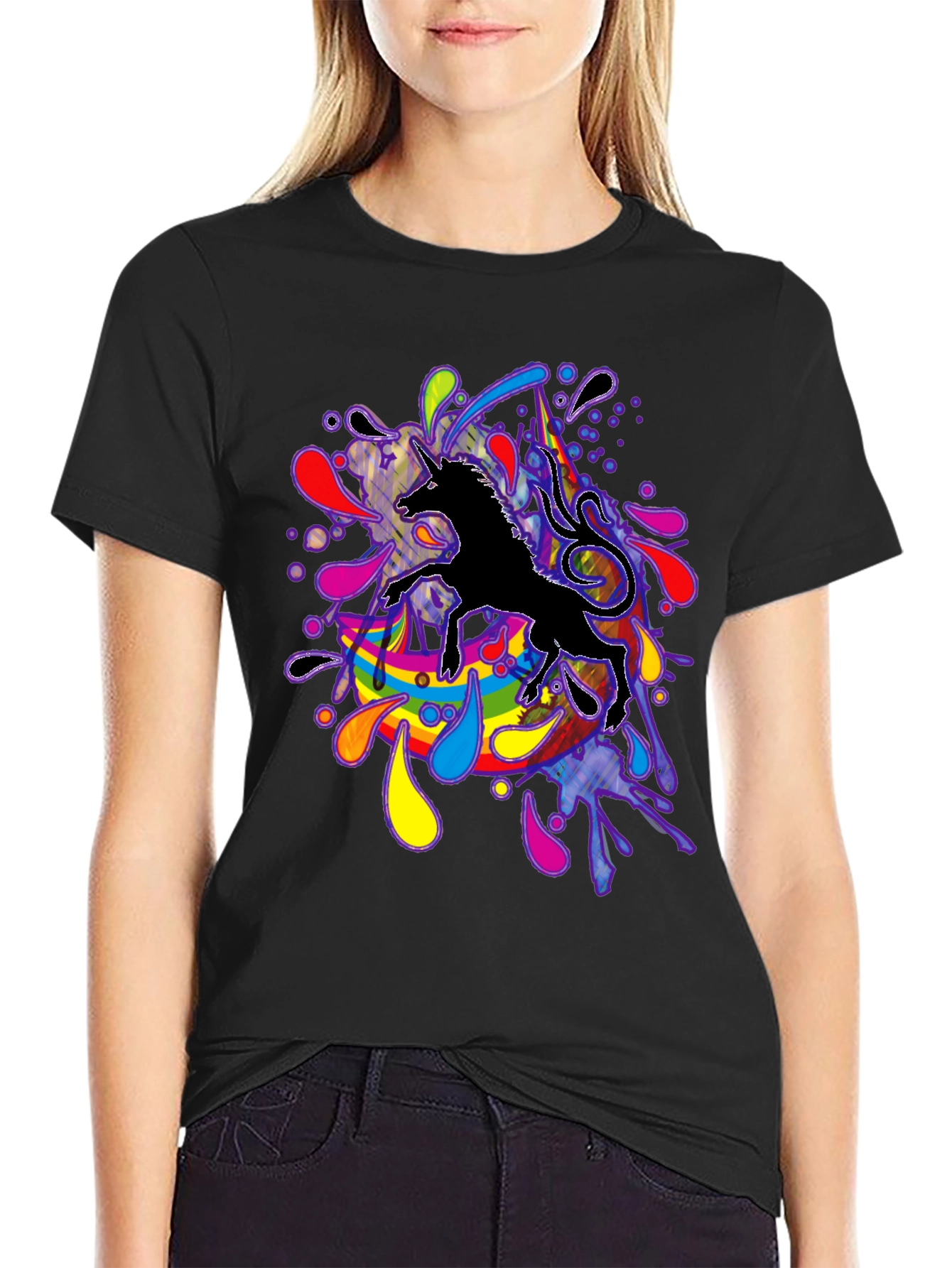 Black Unicorn Rainbow Splash T-Shirt - Black view 2