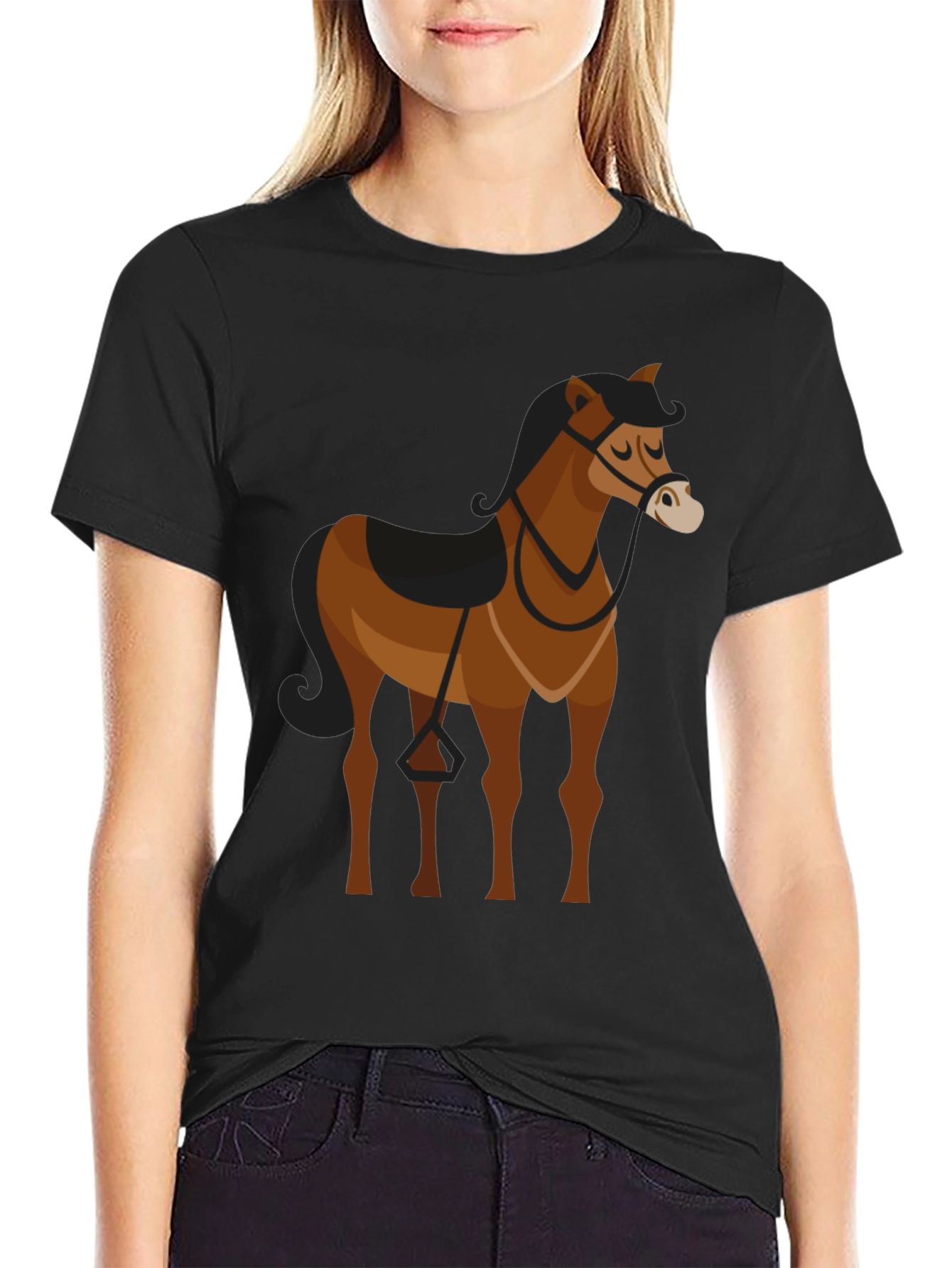 Black Black T-Shirt with Brown Horse Graphic view 2