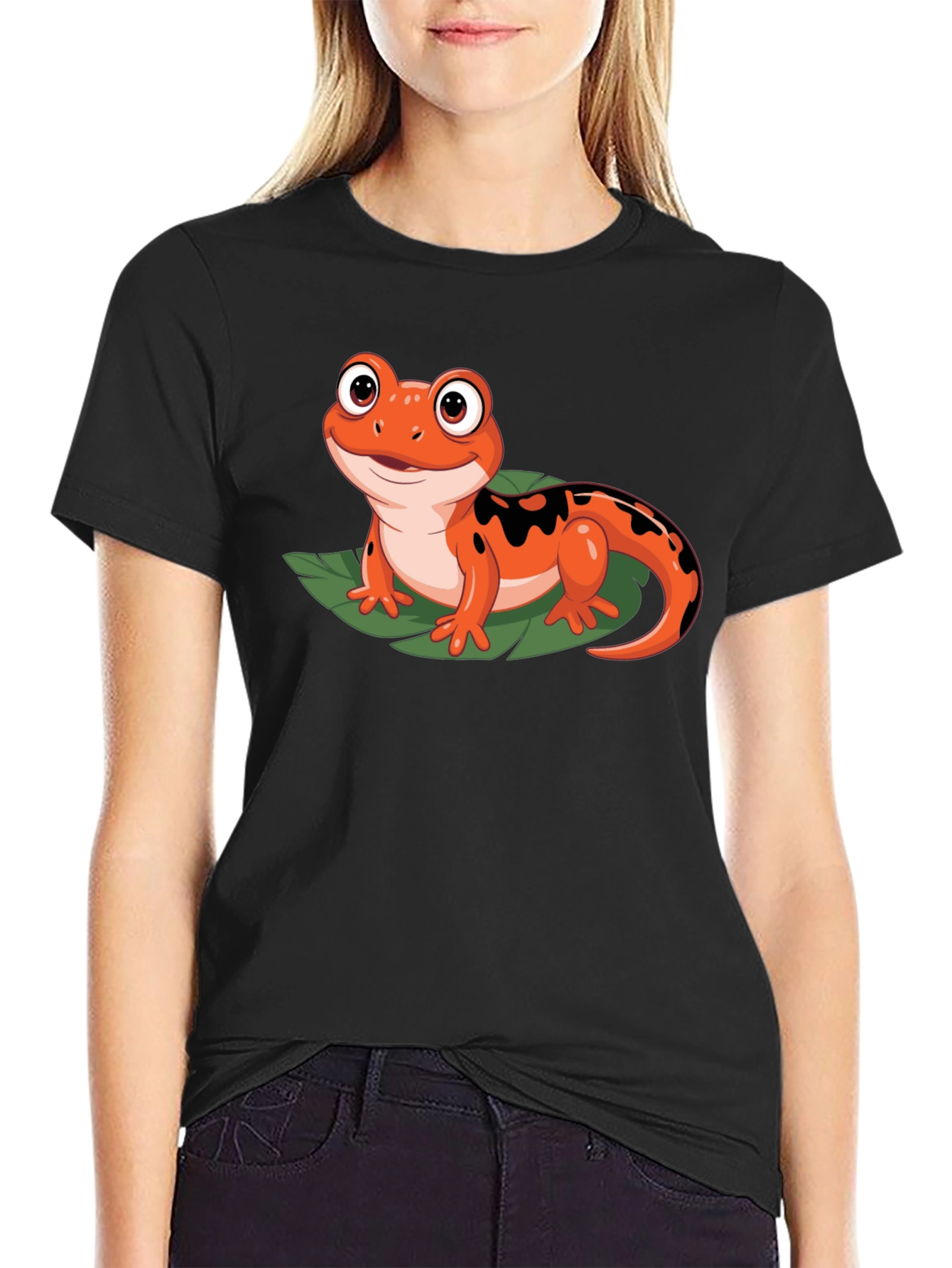 Black Cute Cartoon Salamander Graphic Black T-Shirt view 2