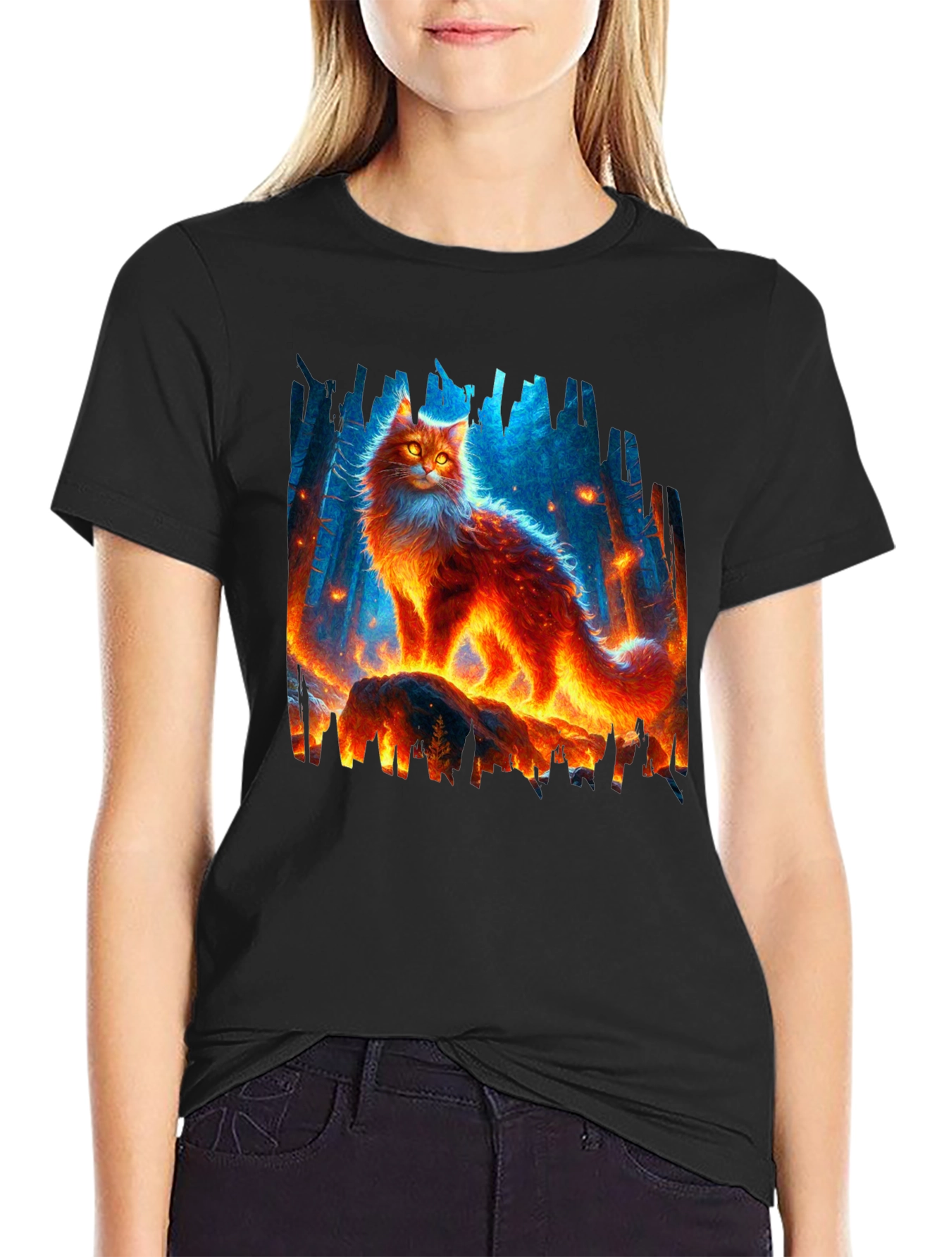 Black Fiery Cat Graphic Tee - Unique Design view 2