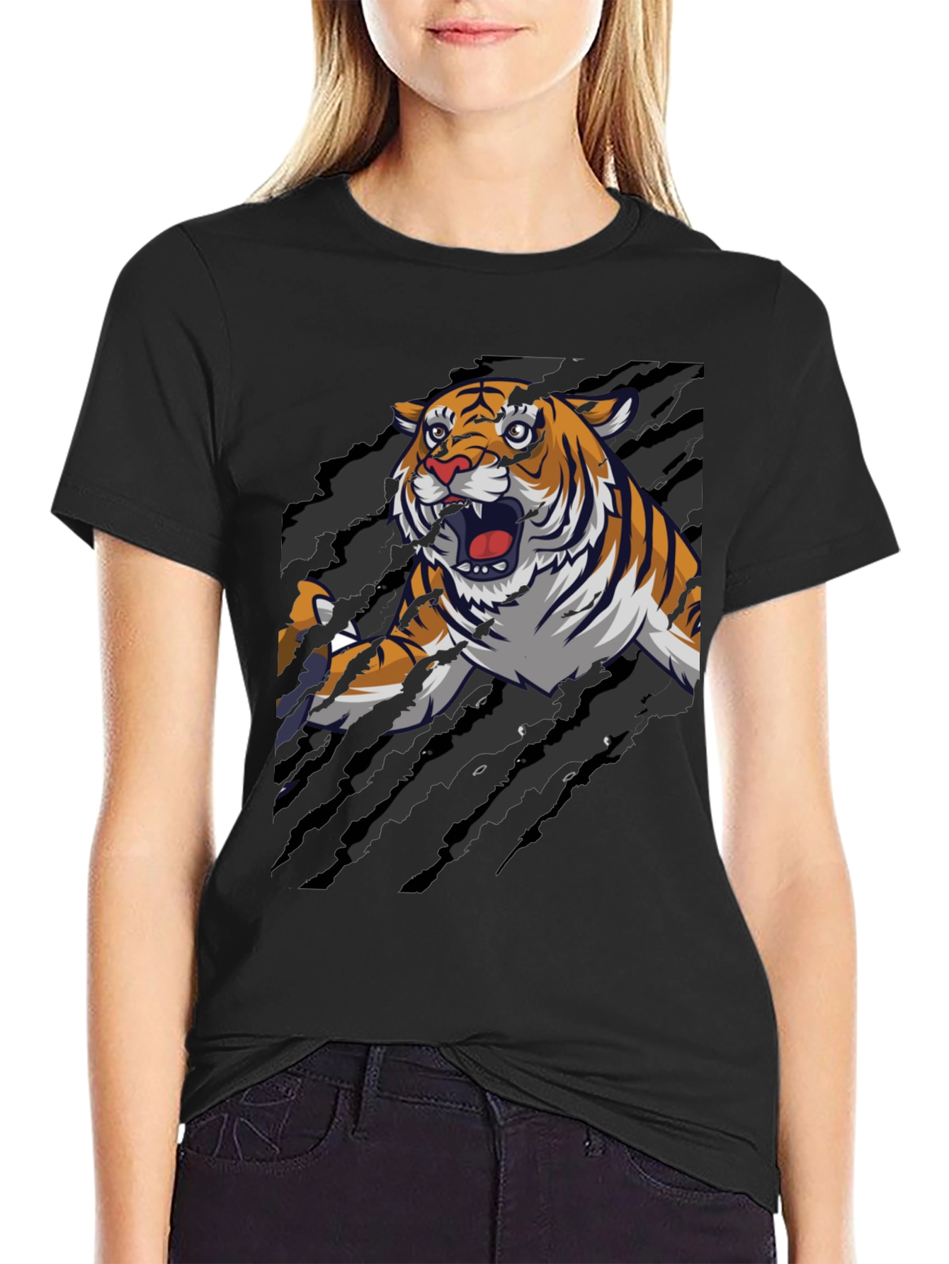 Black Roaring Tiger Graphic Print T-Shirt view 2