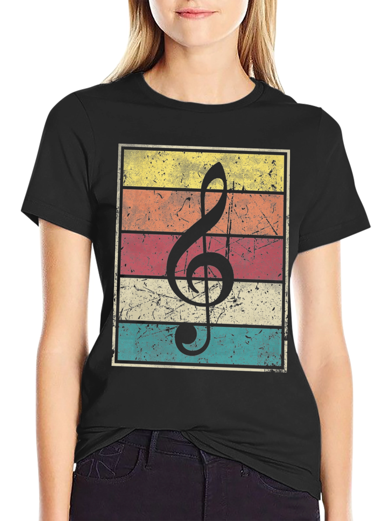 Black Retro Music Treble Clef Graphic T-Shirt view 2