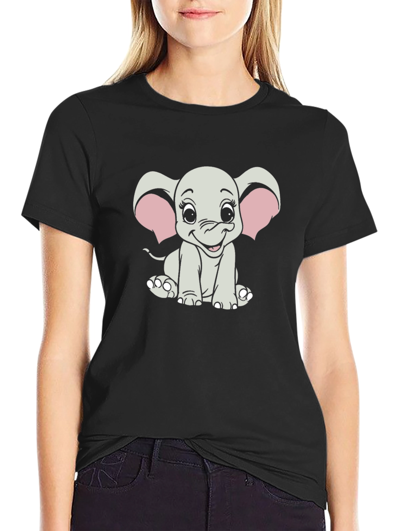 Black Cute Cartoon Elephant Graphic Tee - Unisex Black T-Shirt view 2