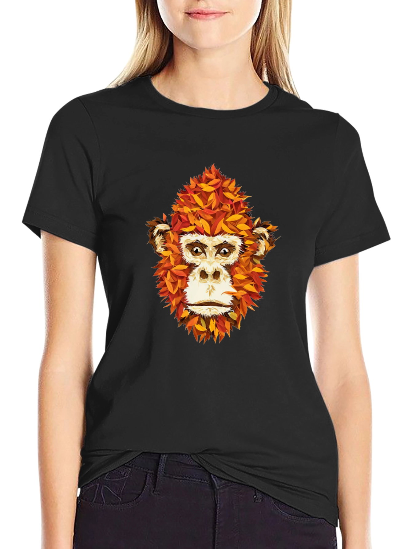 Black Unique Monkey Face Leaf Design Black T-Shirt view 2