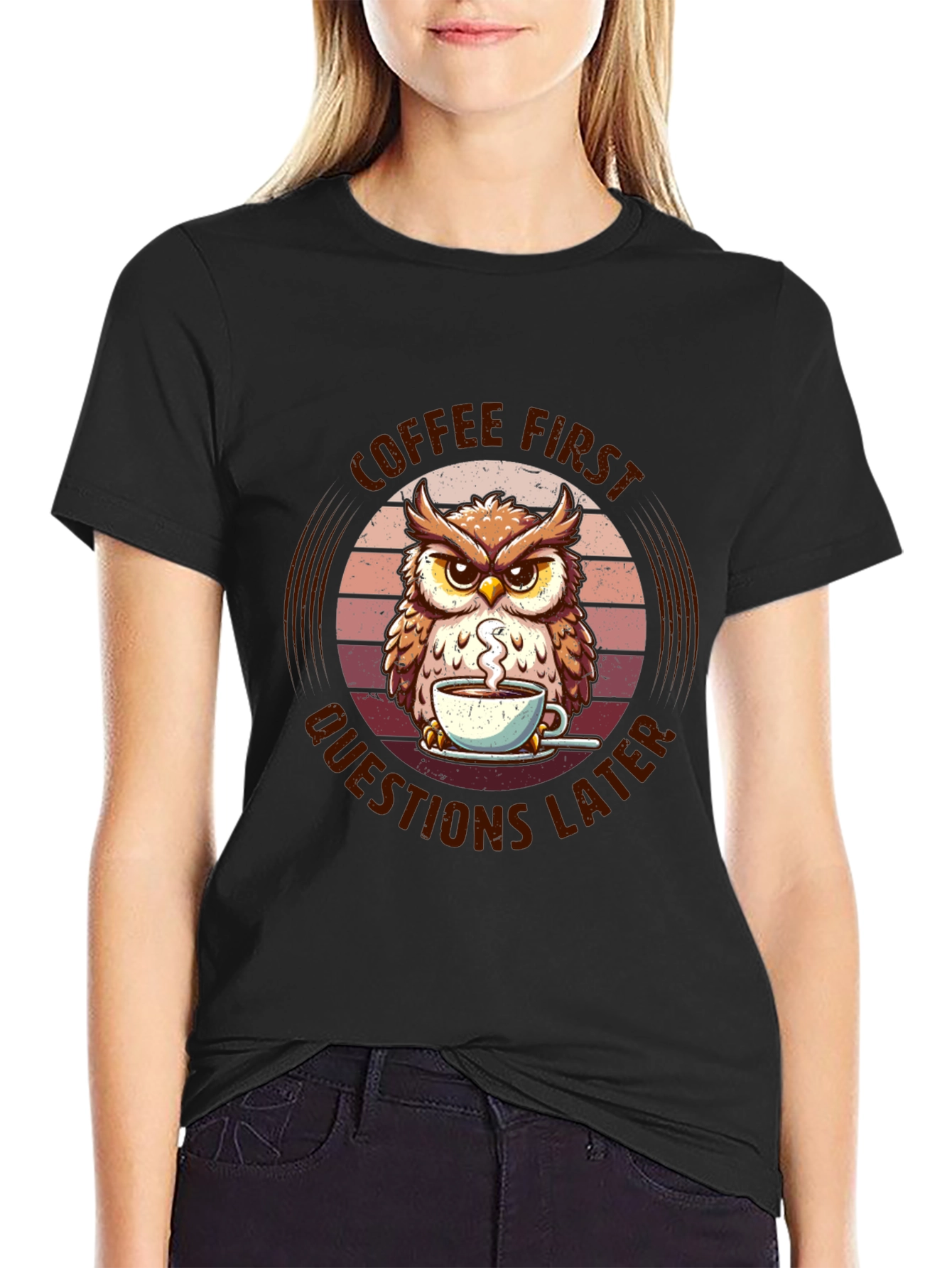 Black Coffee First Owl T-Shirt - Unisex Graphic Tee view 2
